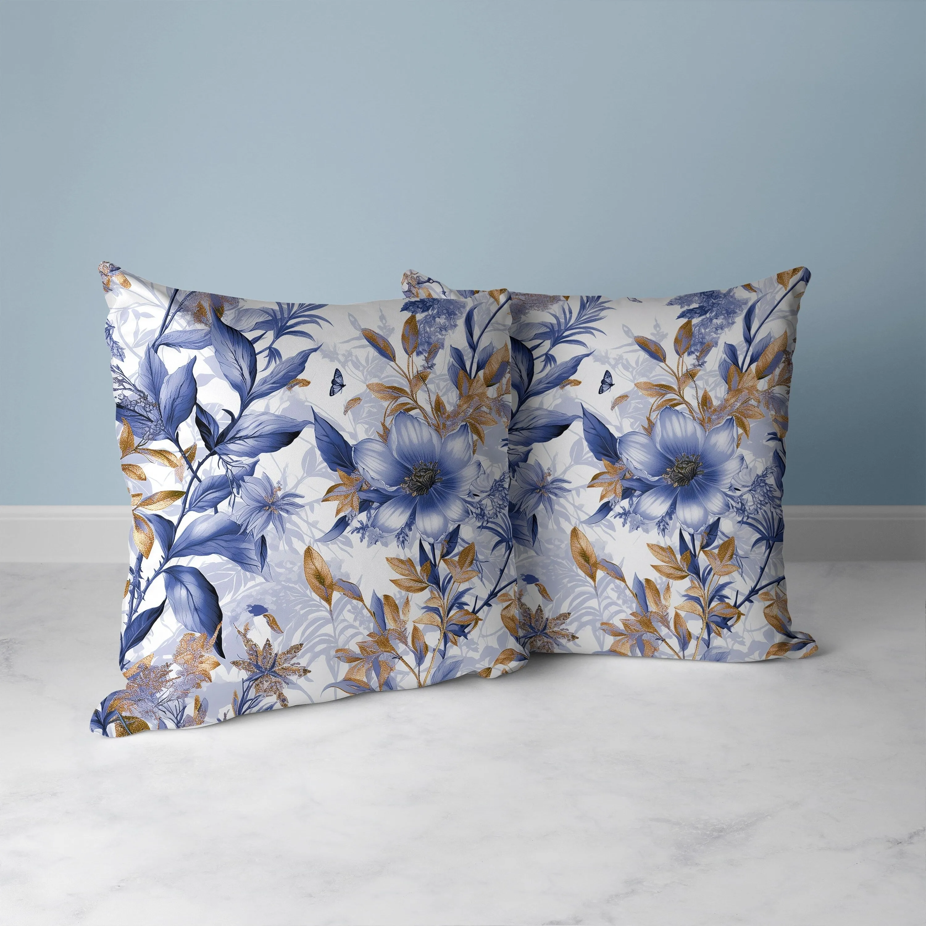 Exquisite Floral Breeze Faux Suede Reversible Throw Pillow Blue and Gold