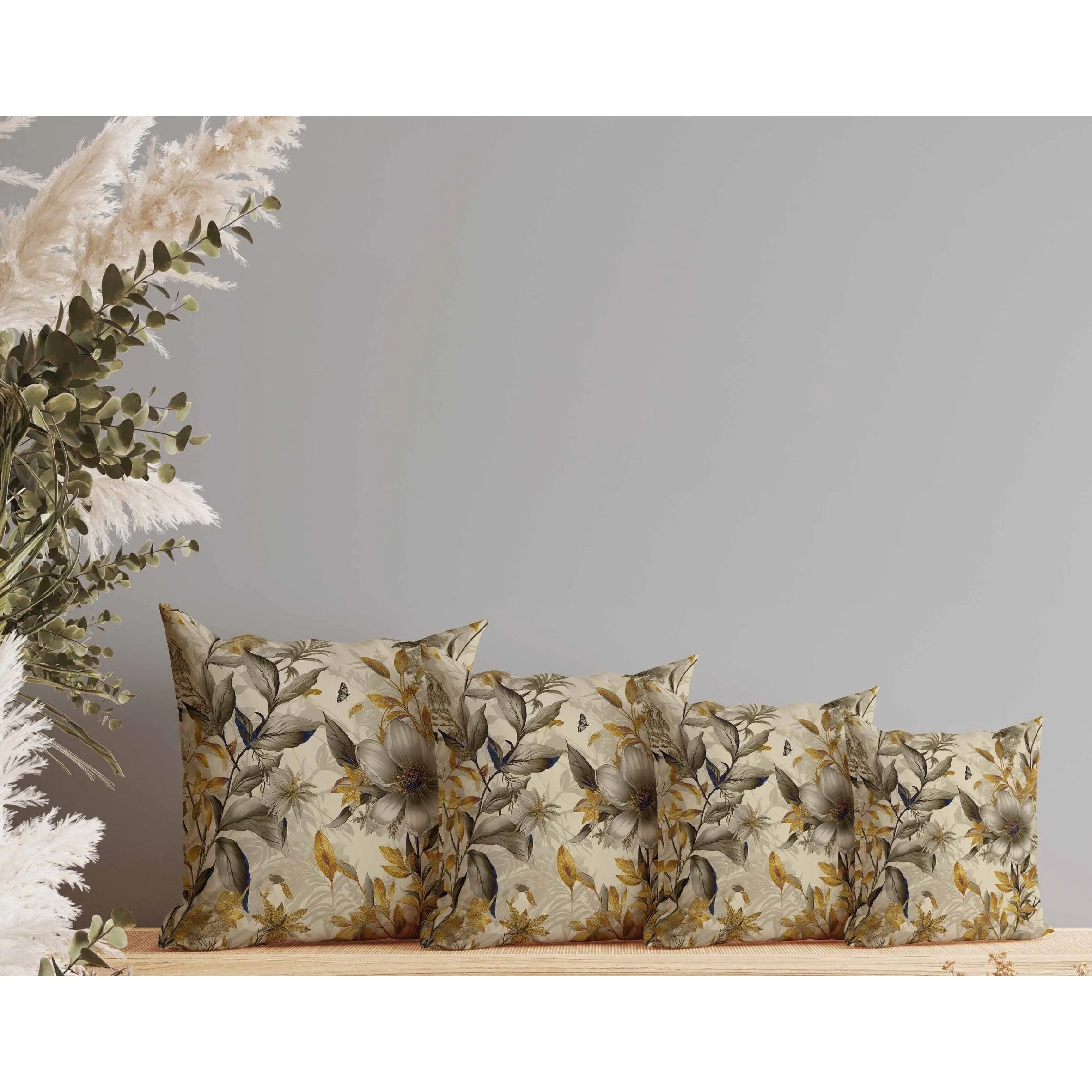 Exquisite Floral Breeze Faux Suede Reversible Throw Pillow Gold and Vanilla