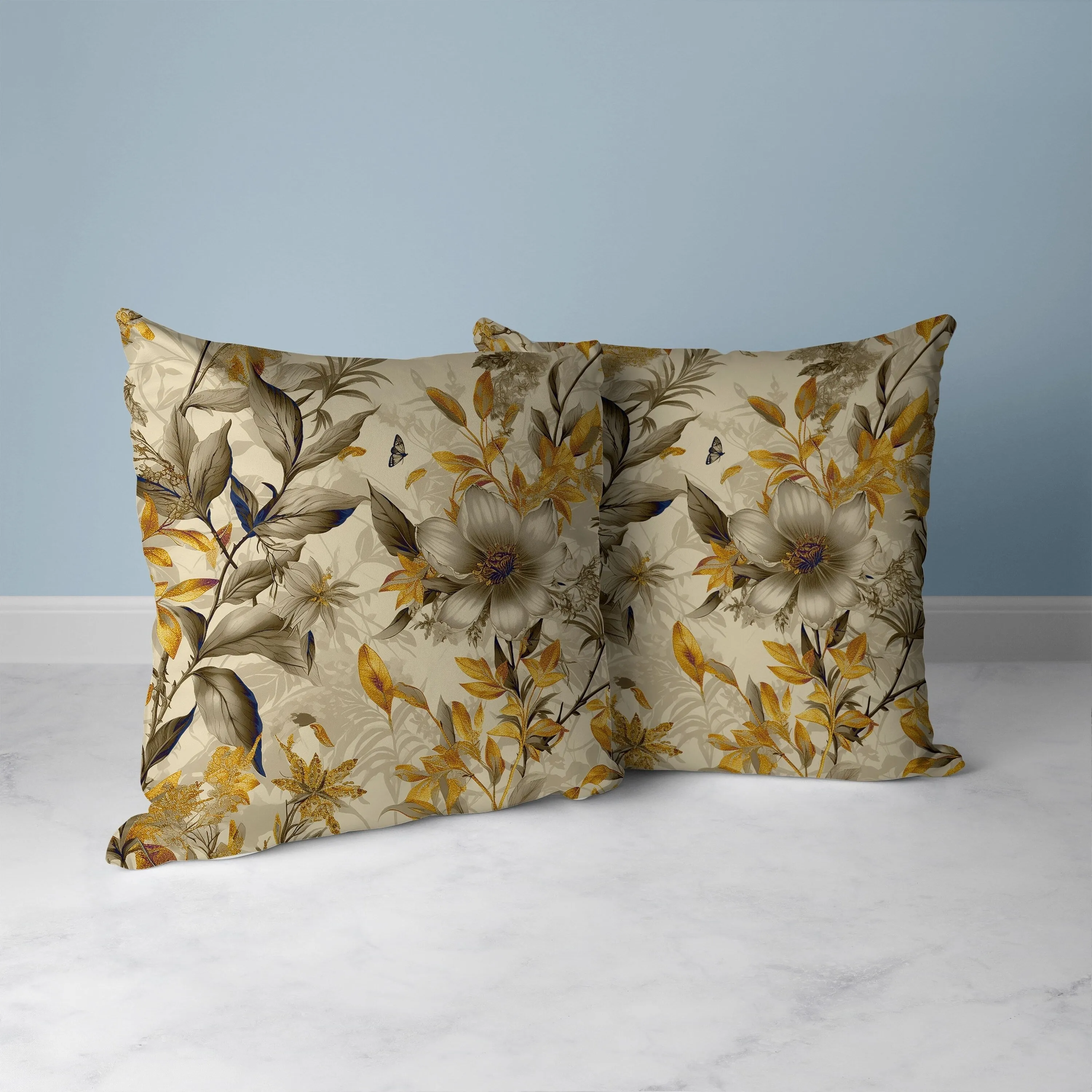 Exquisite Floral Breeze Faux Suede Reversible Throw Pillow Gold and Vanilla