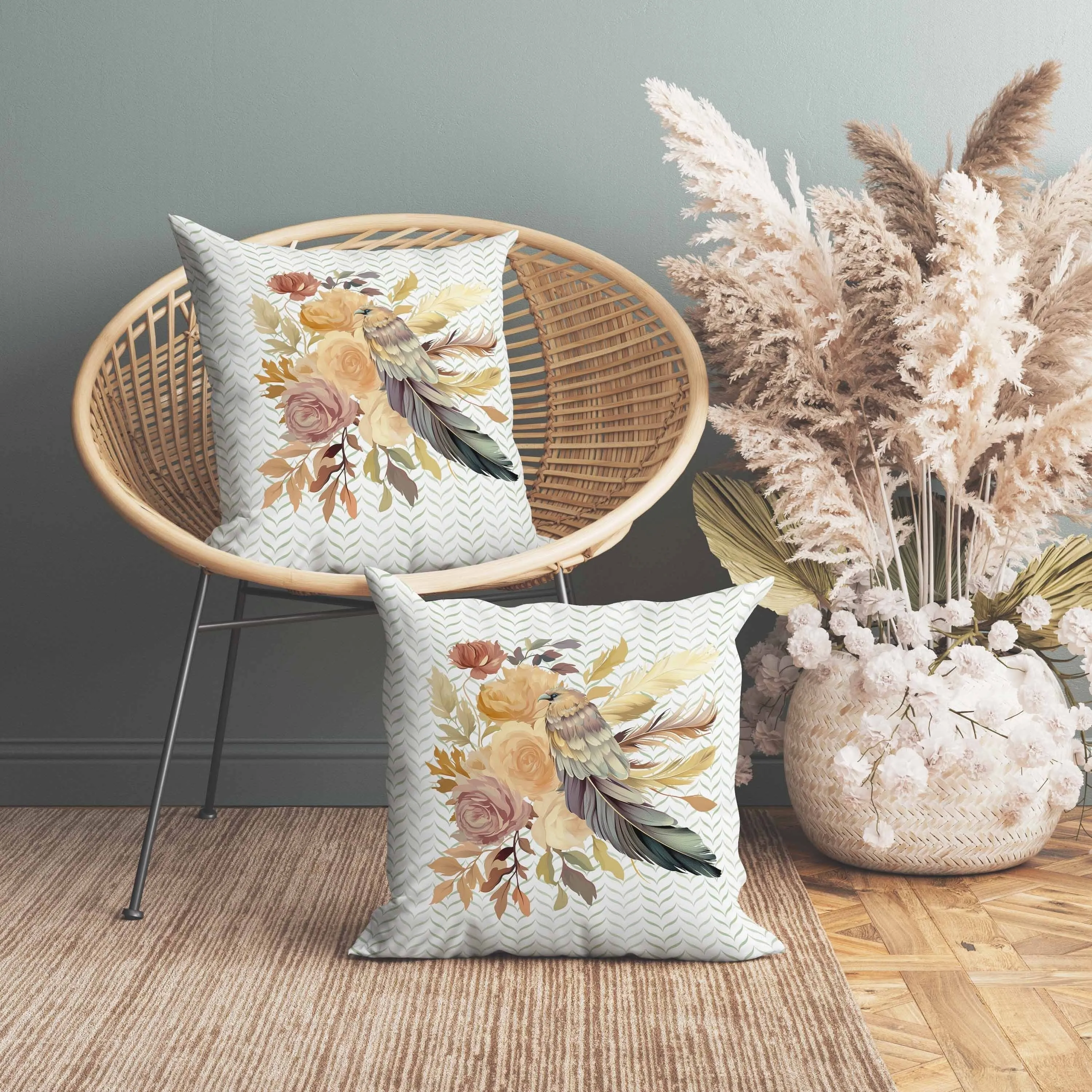 Feathered Bouquet Faux Suede Reversible Throw Pillow White and Beige