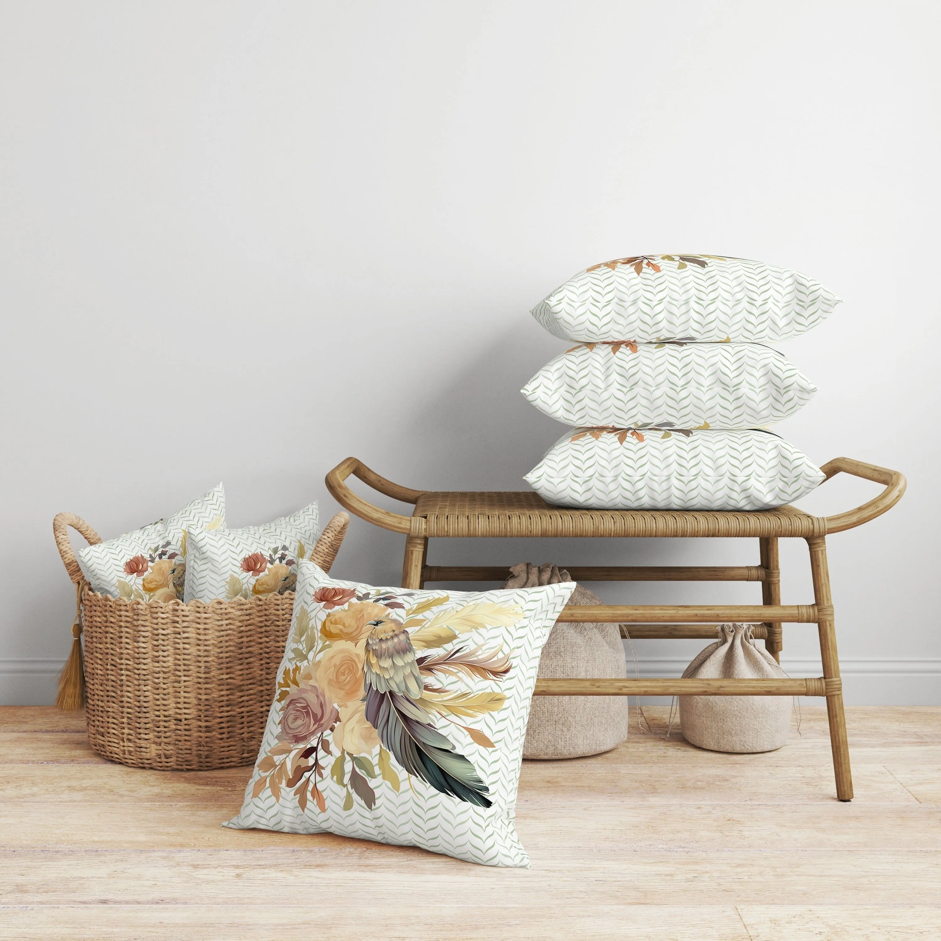 Feathered Bouquet Faux Suede Reversible Throw Pillow White and Beige