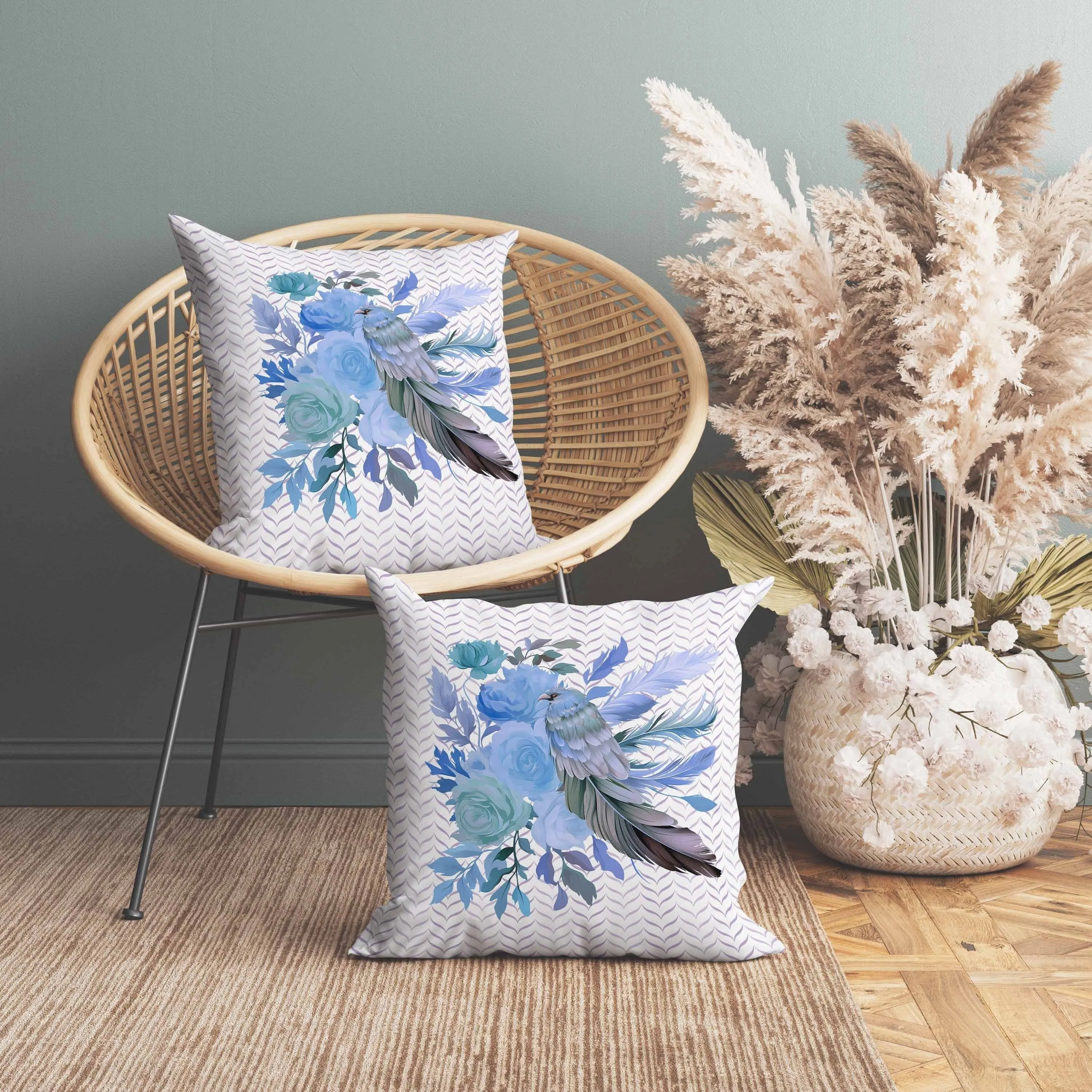 Feathered Bouquet Faux Suede Reversible Throw Pillow White and Blue