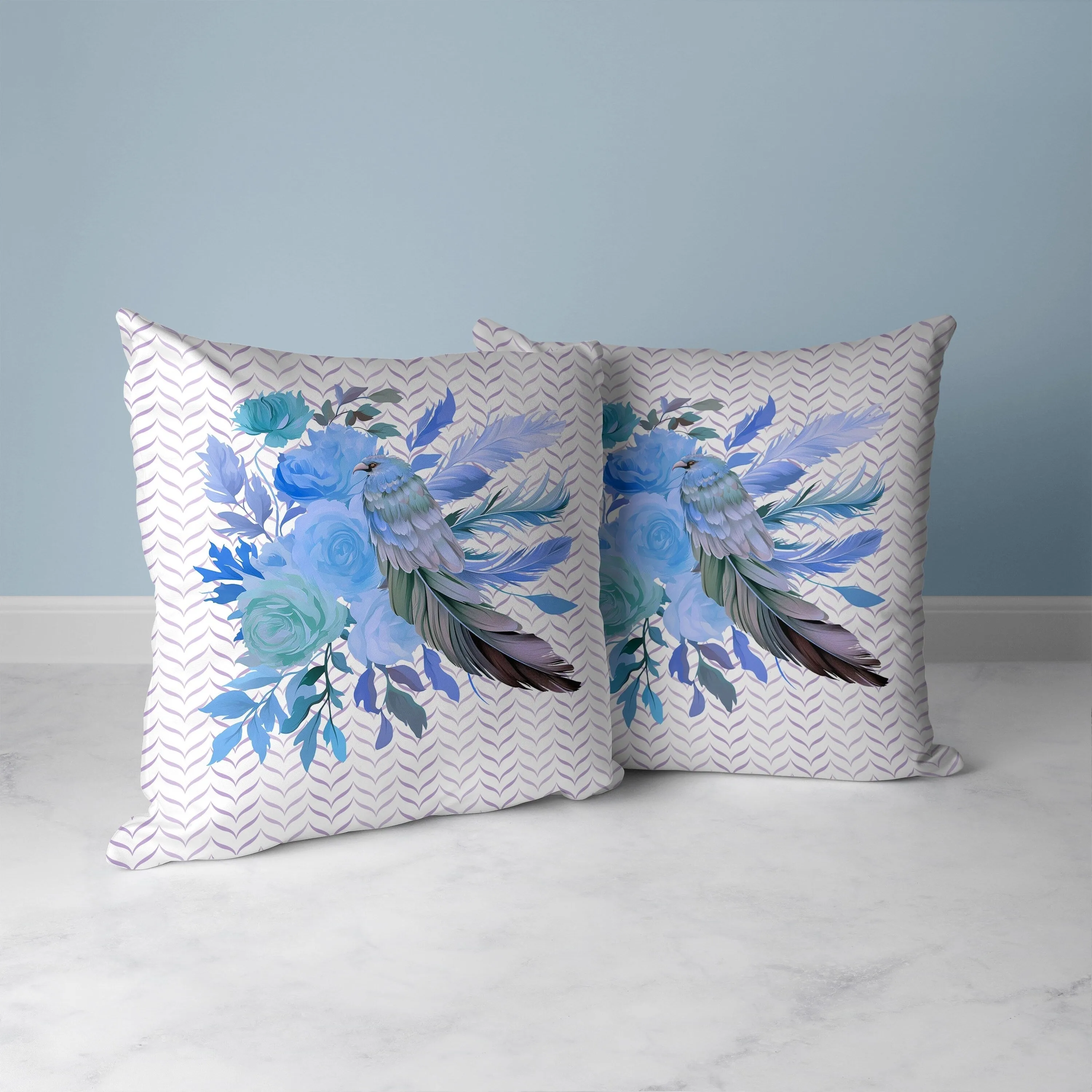 Feathered Bouquet Faux Suede Reversible Throw Pillow White and Blue
