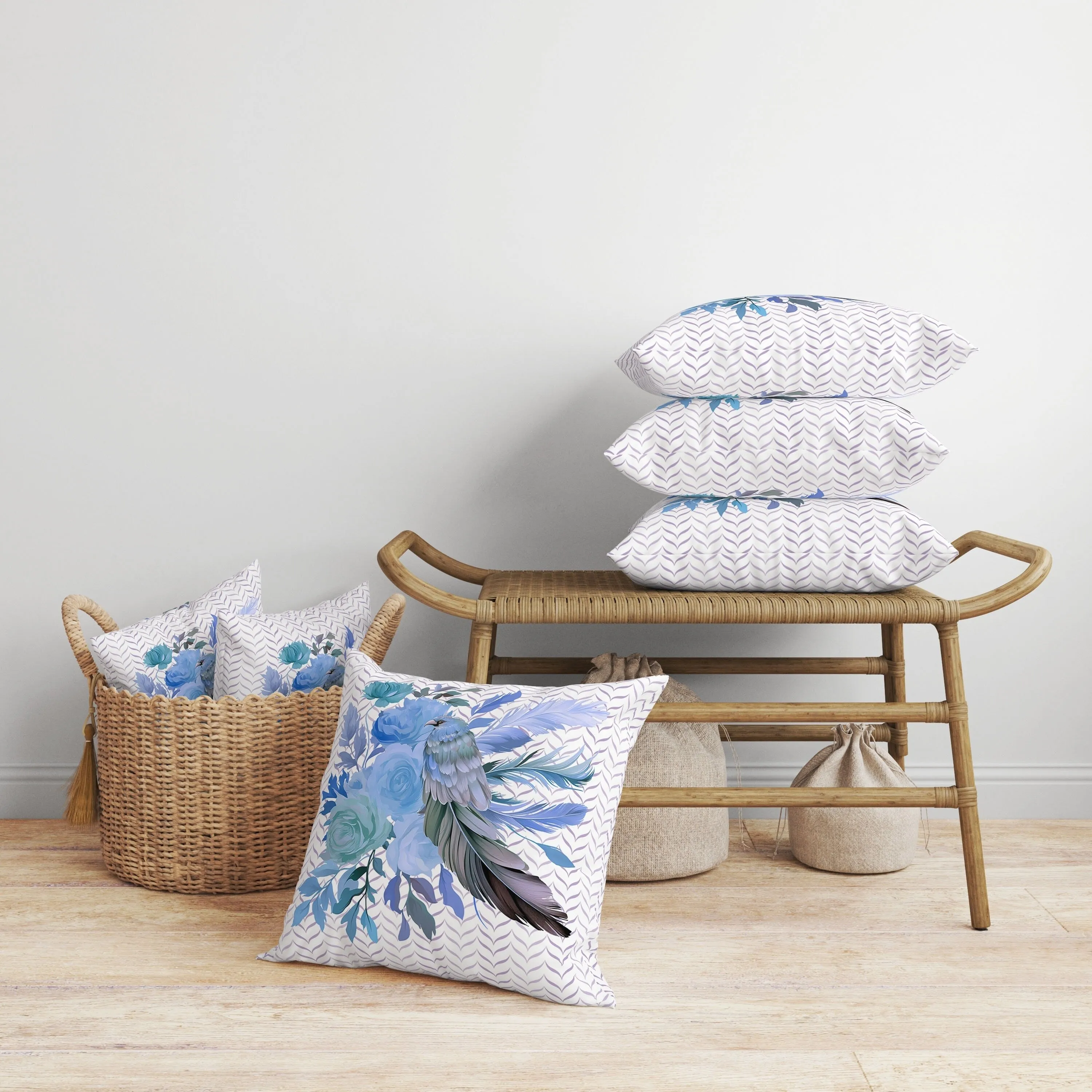 Feathered Bouquet Faux Suede Reversible Throw Pillow White and Blue
