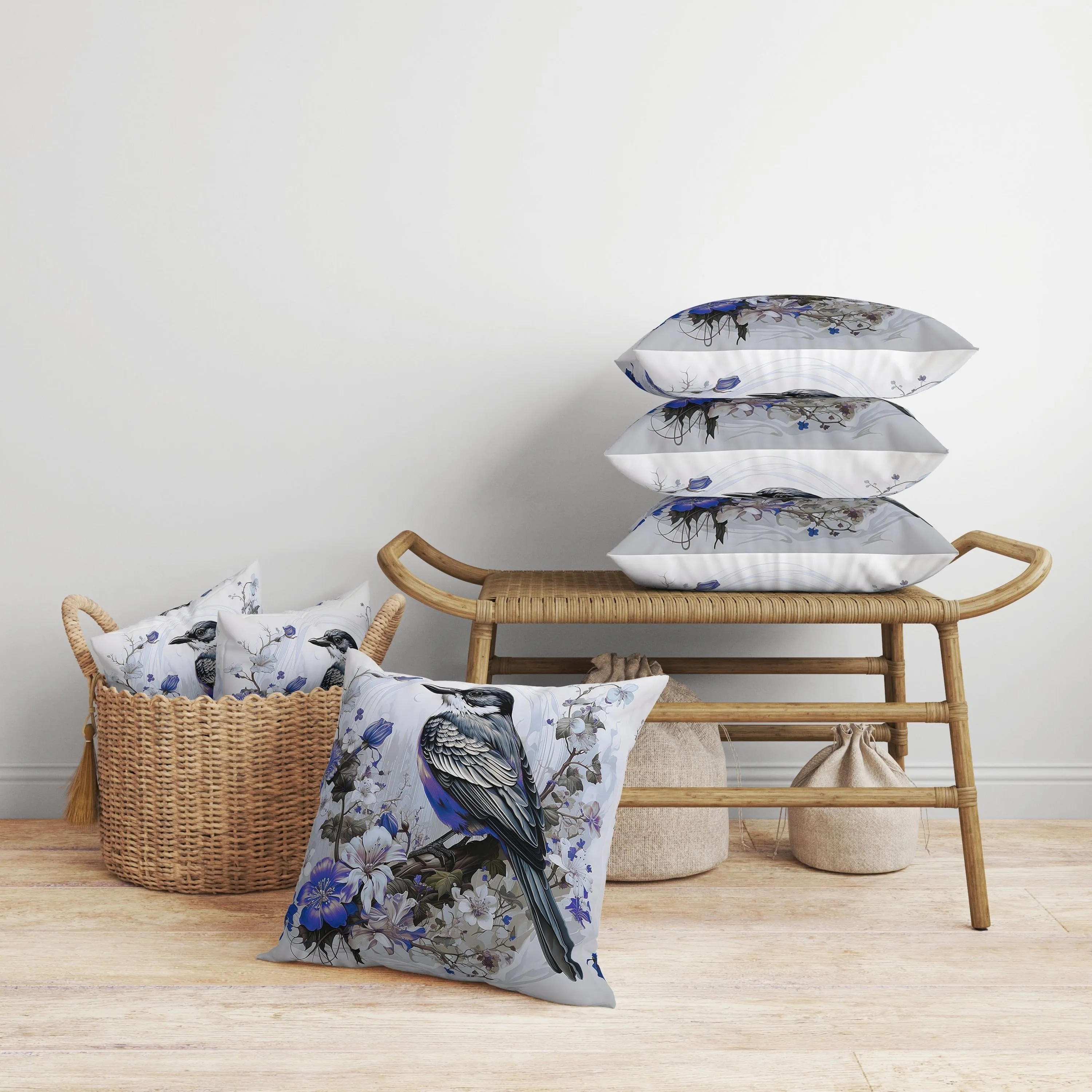 Feathered Floralscapes Faux Suede Reversible Throw Pillow Blue and Green