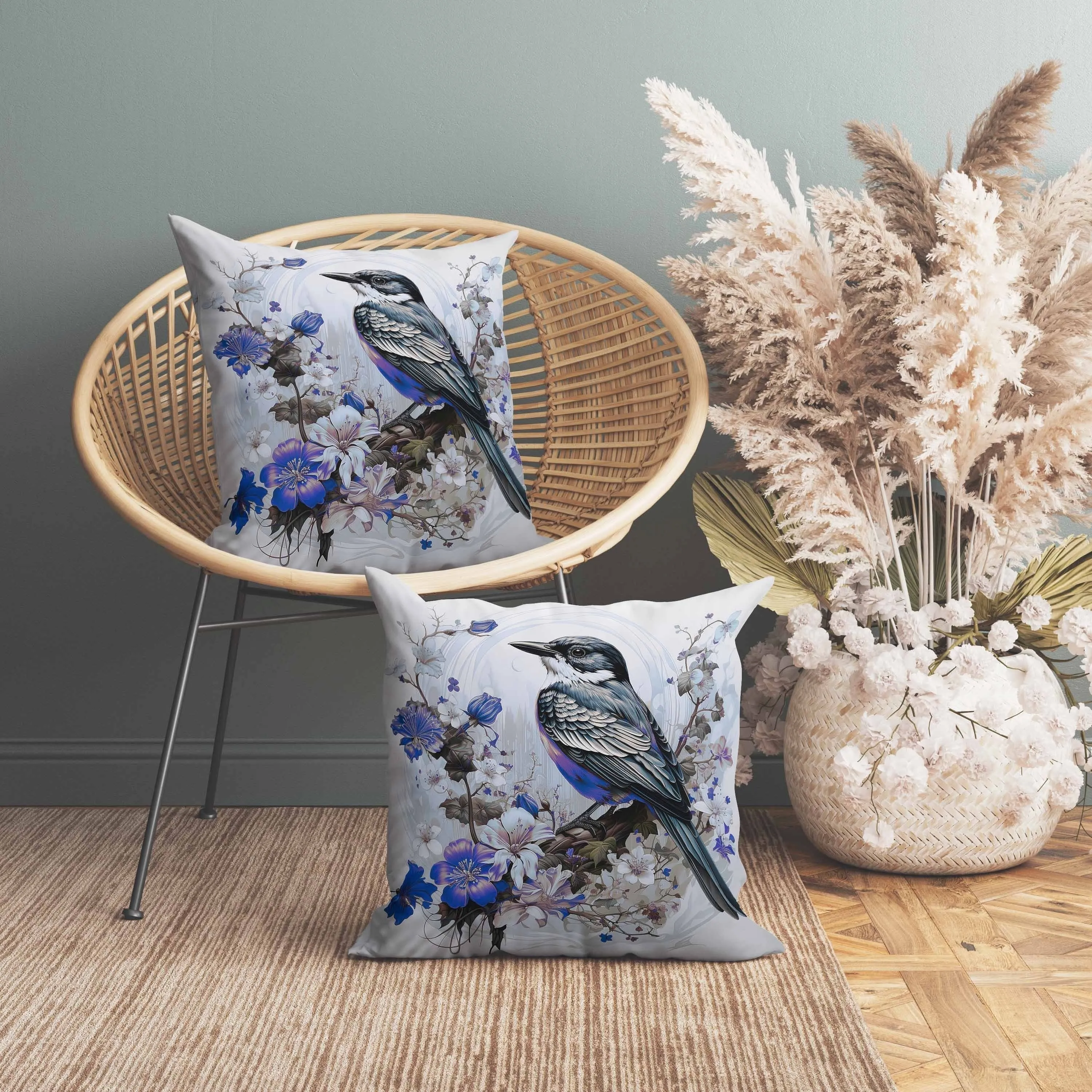 Feathered Floralscapes Faux Suede Reversible Throw Pillow Blue and Green