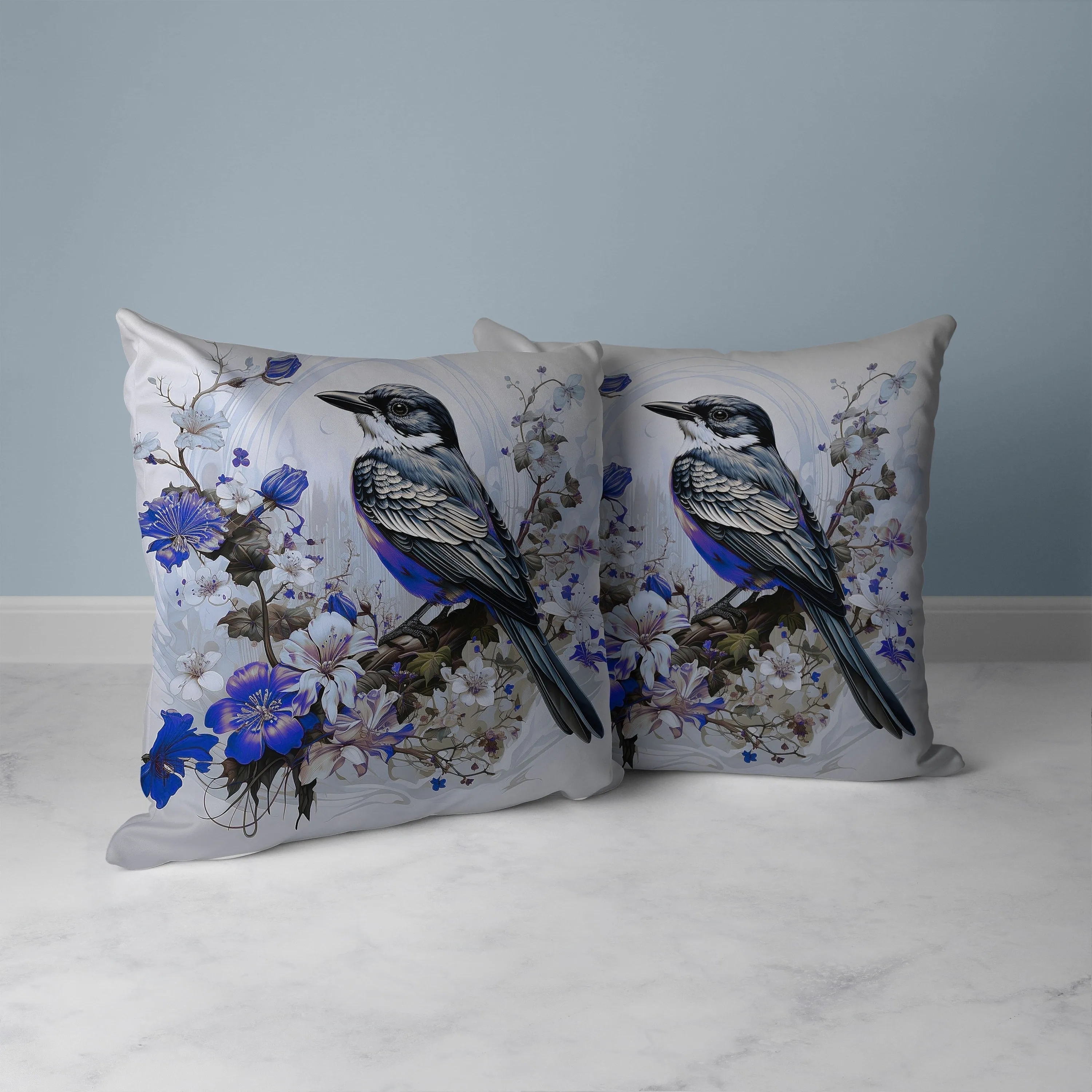 Feathered Floralscapes Faux Suede Reversible Throw Pillow Blue and Green