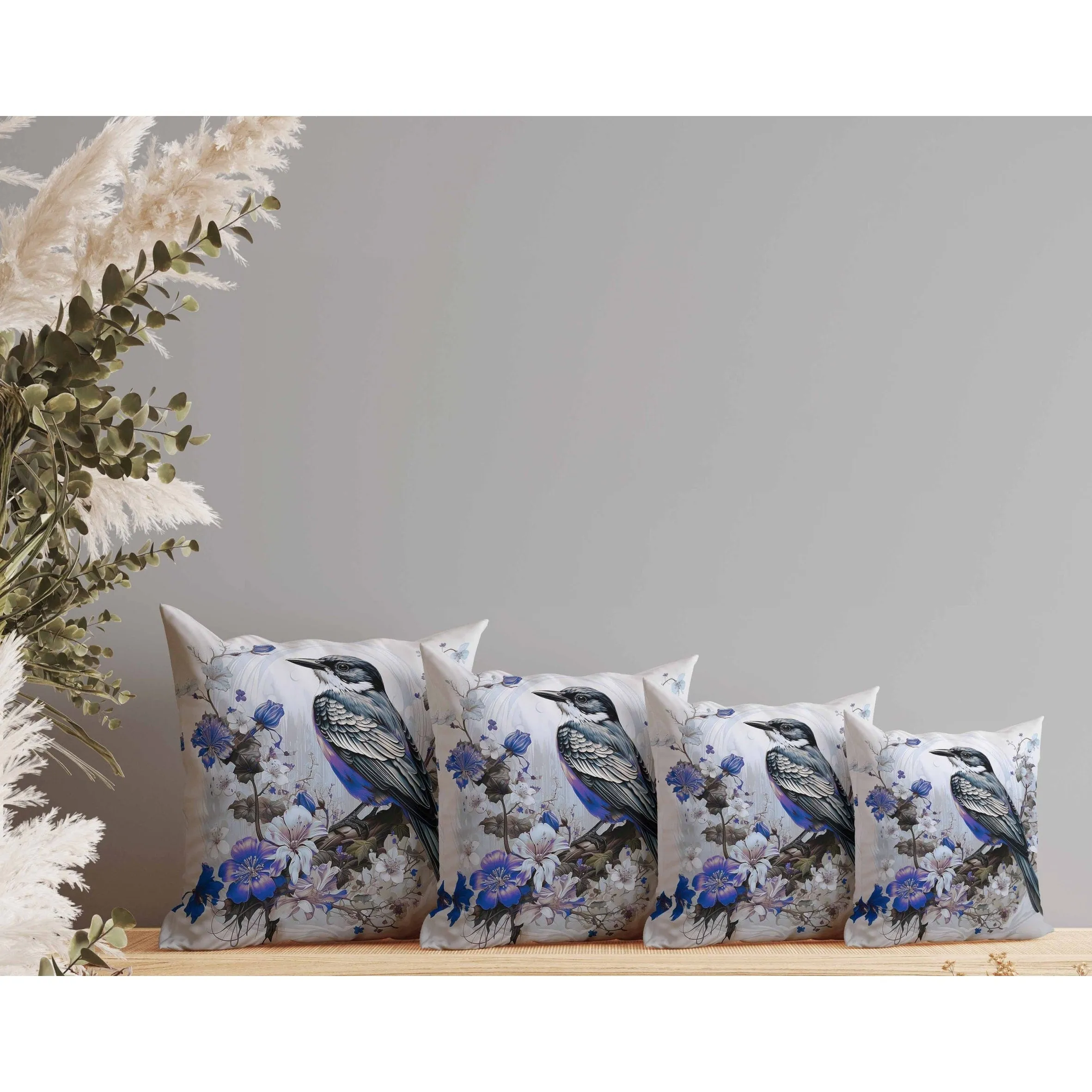 Feathered Floralscapes Faux Suede Reversible Throw Pillow Blue and Green