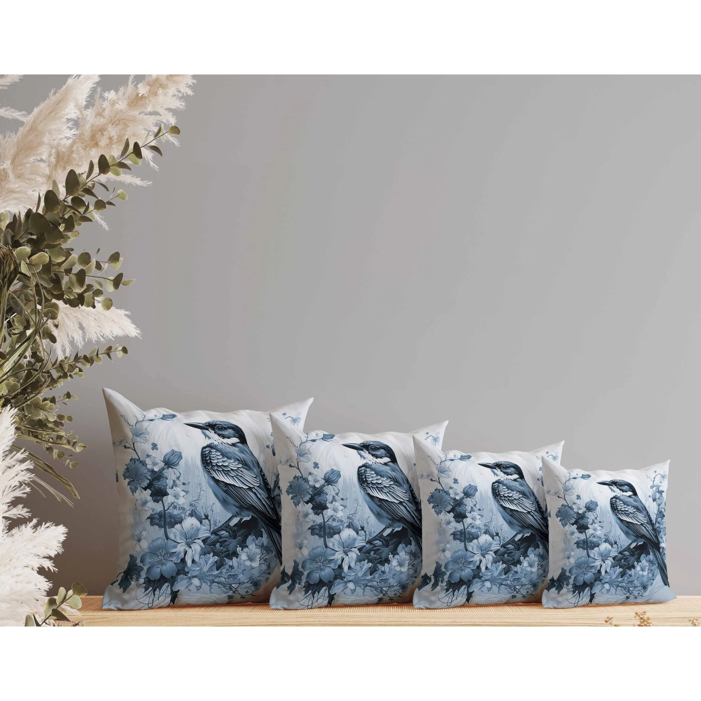 Feathered Floralscapes Faux Suede Reversible Throw Pillow Blue