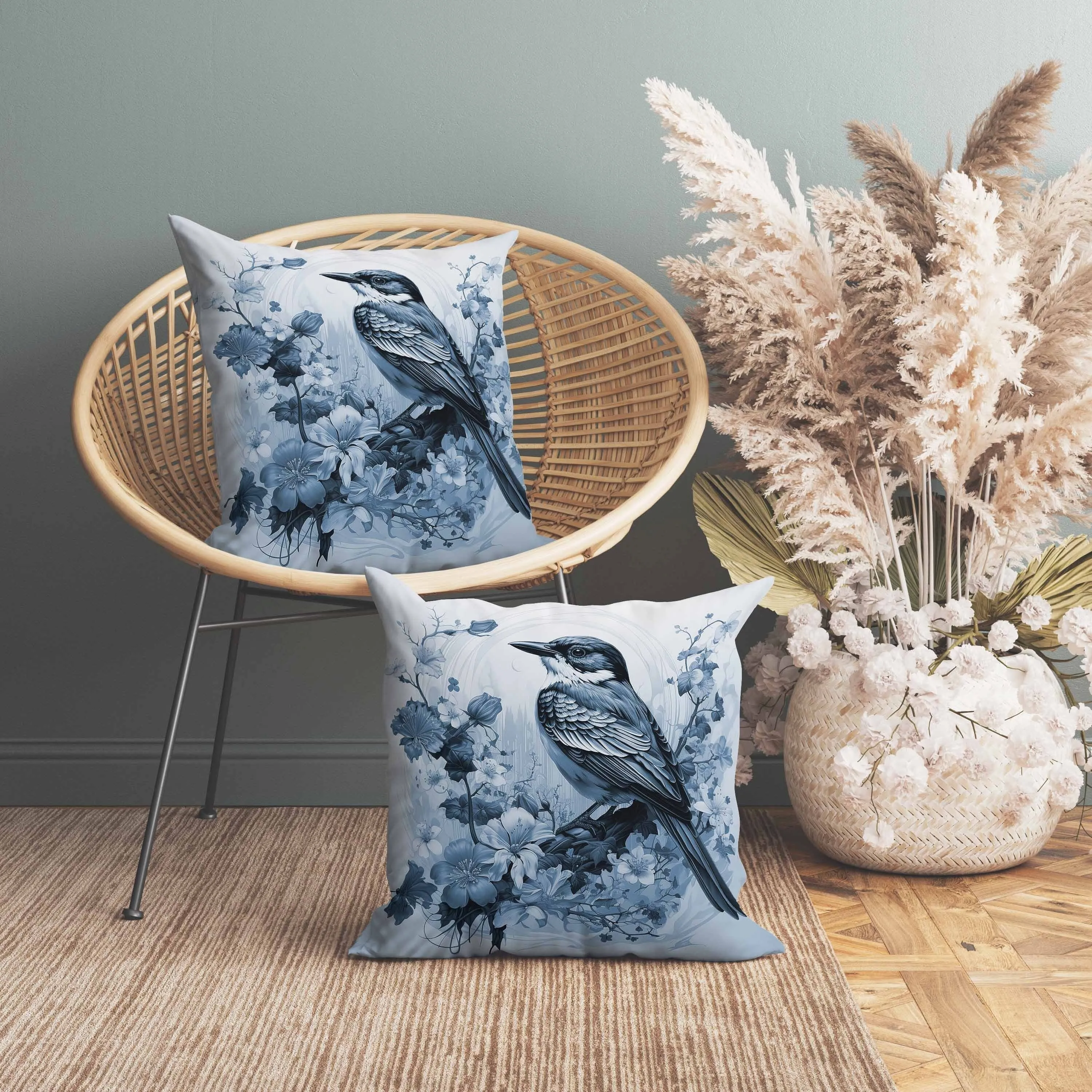 Feathered Floralscapes Faux Suede Reversible Throw Pillow Blue