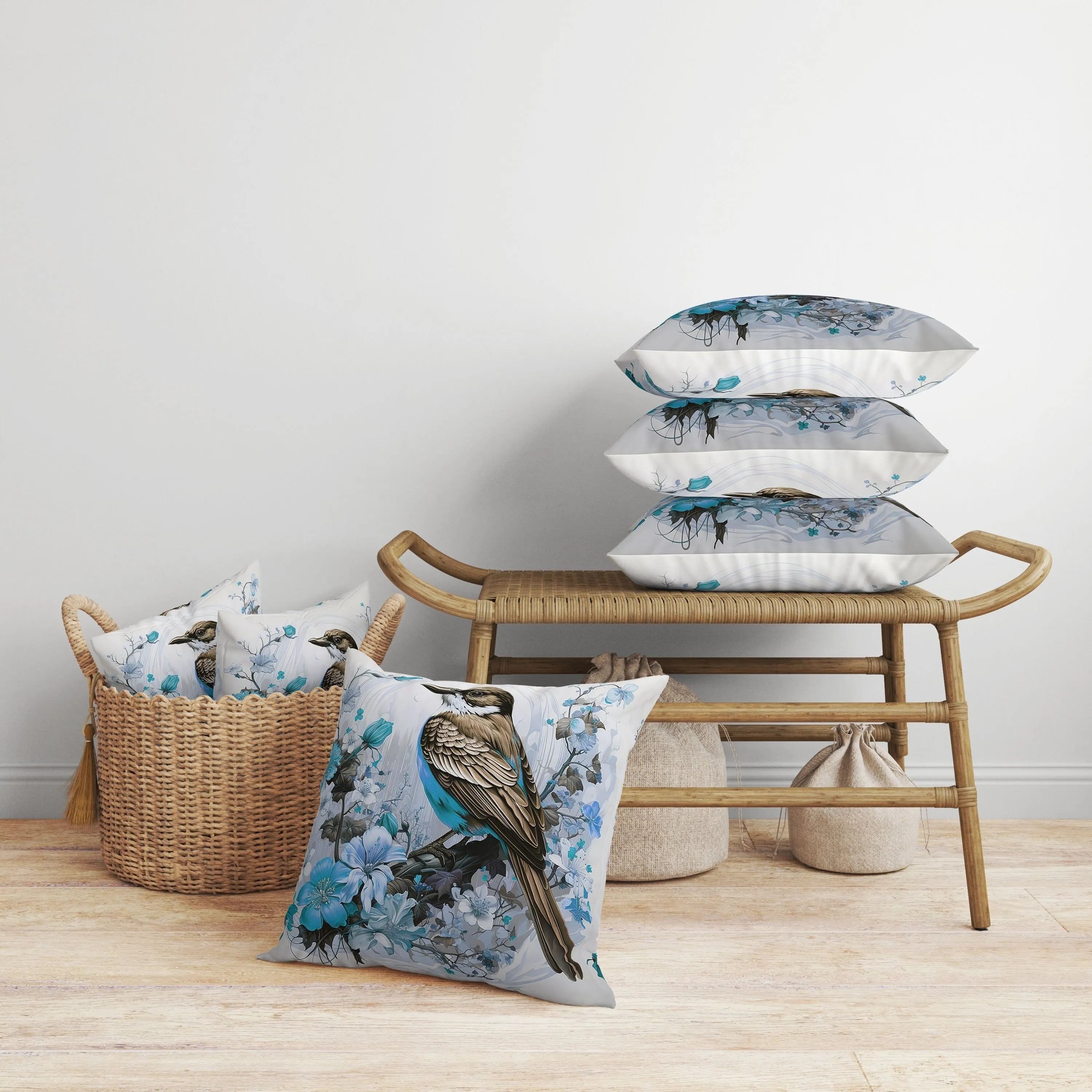 Feathered Floralscapes Faux Suede Reversible Throw Pillow Copper and Cyan
