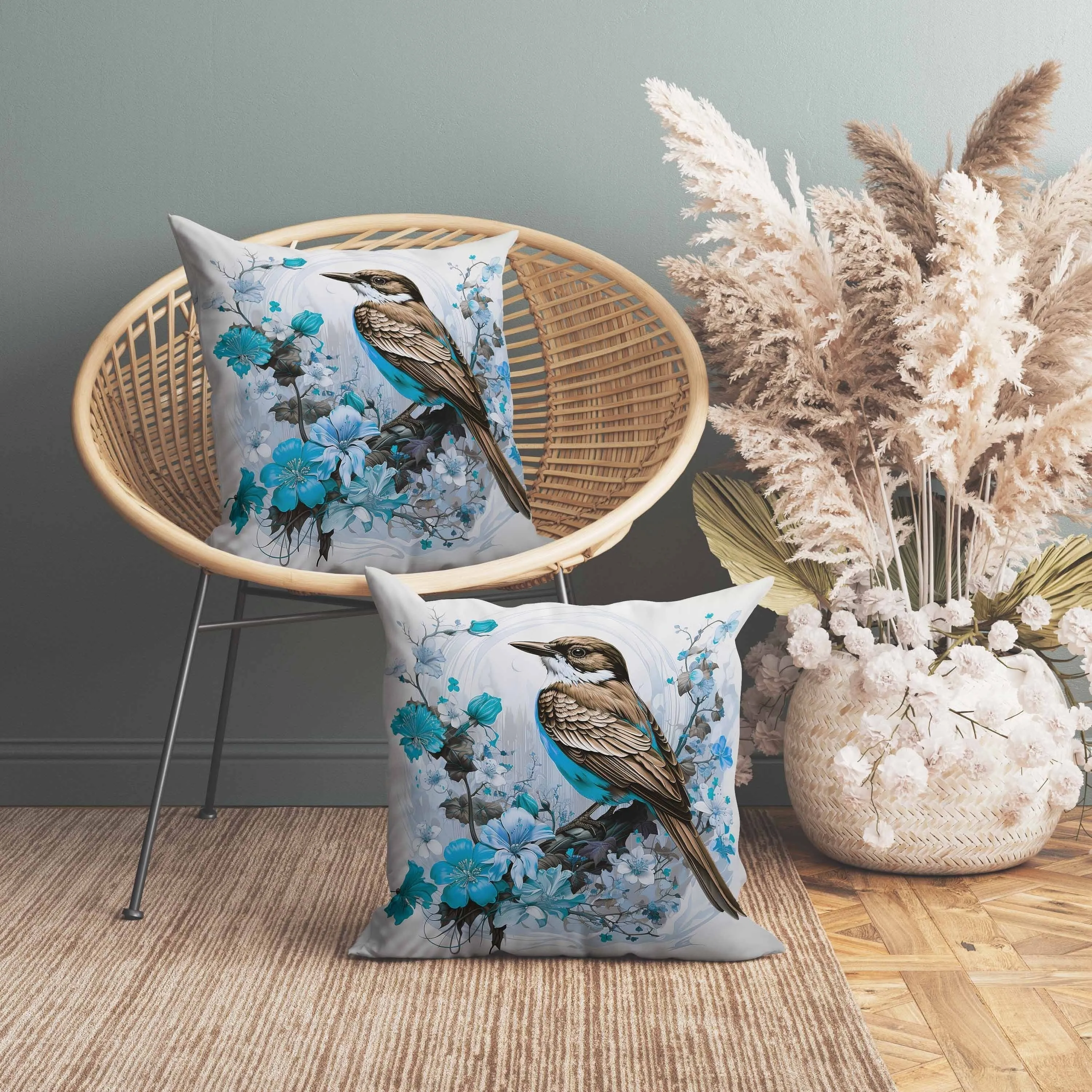Feathered Floralscapes Faux Suede Reversible Throw Pillow Copper and Cyan