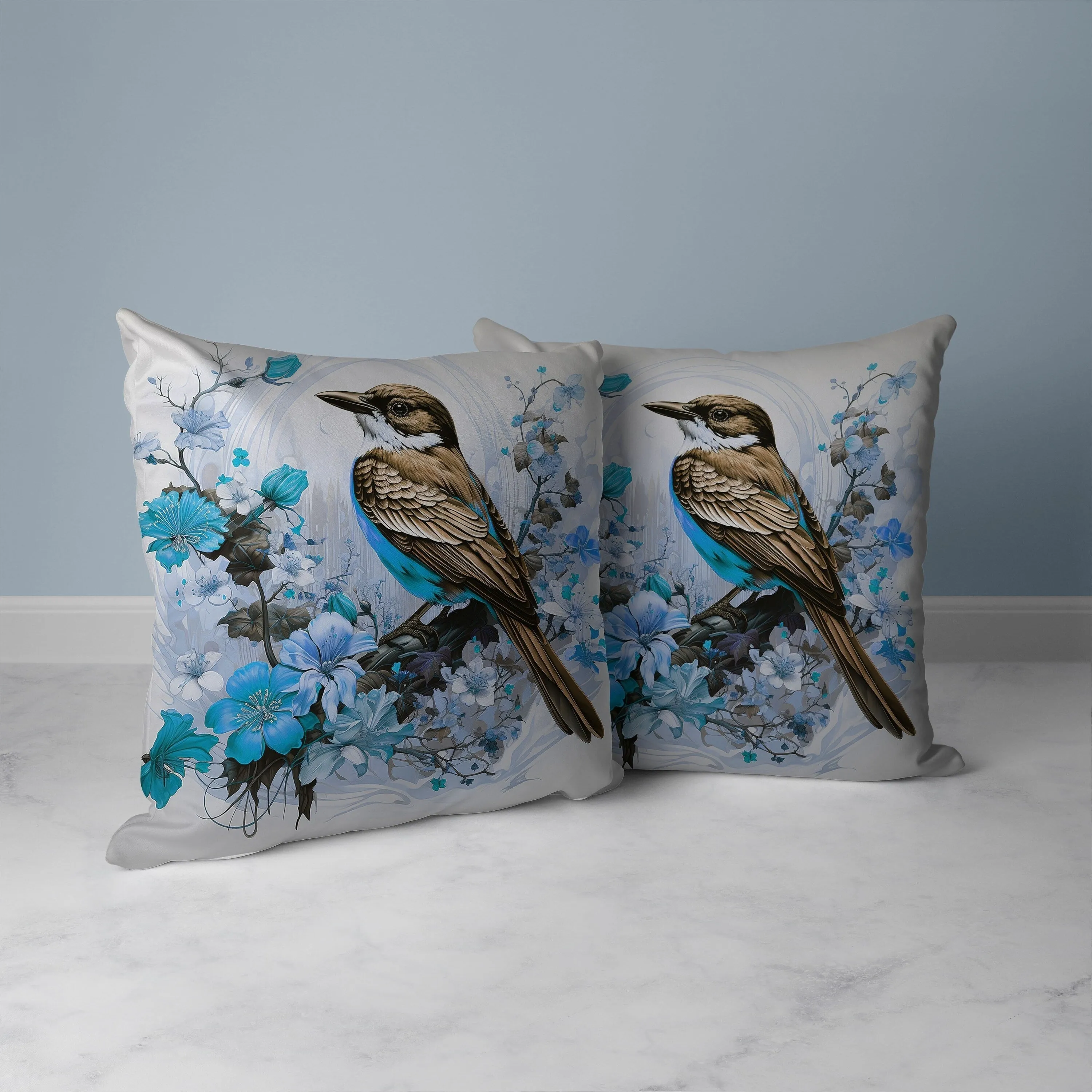 Feathered Floralscapes Faux Suede Reversible Throw Pillow Copper and Cyan