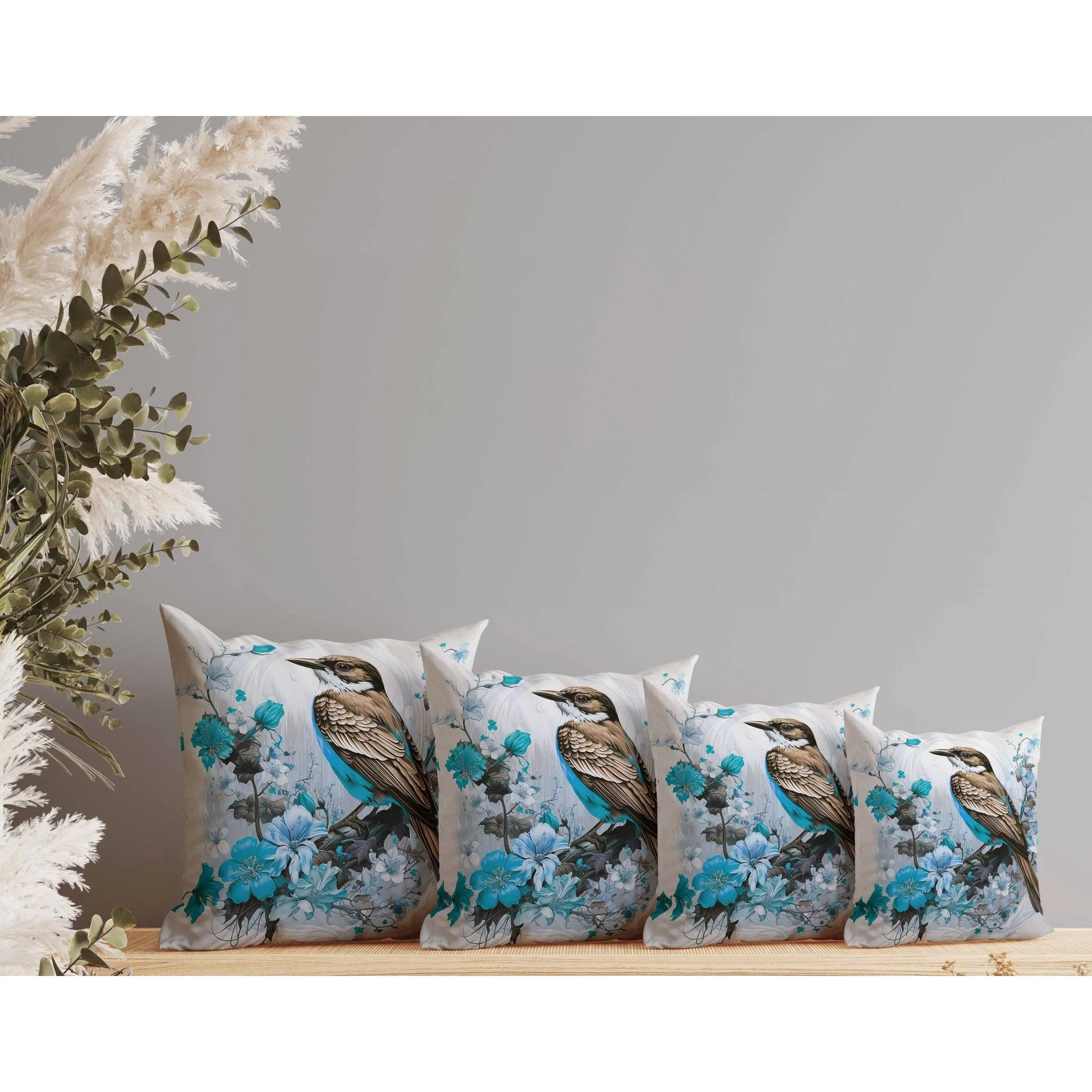 Feathered Floralscapes Faux Suede Reversible Throw Pillow Copper and Cyan