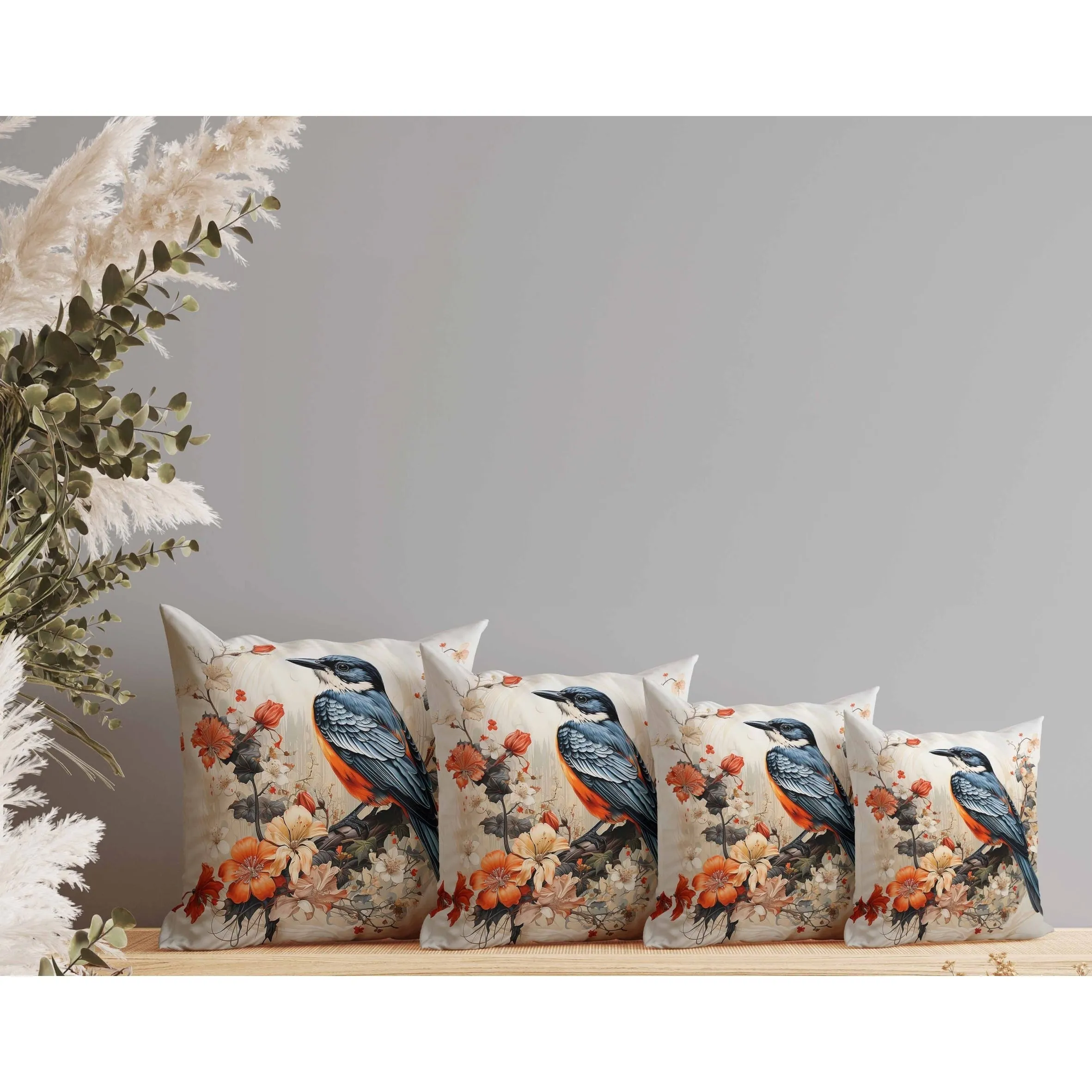 Feathered Floralscapes Faux Suede Reversible Throw Pillow Orange and Blue