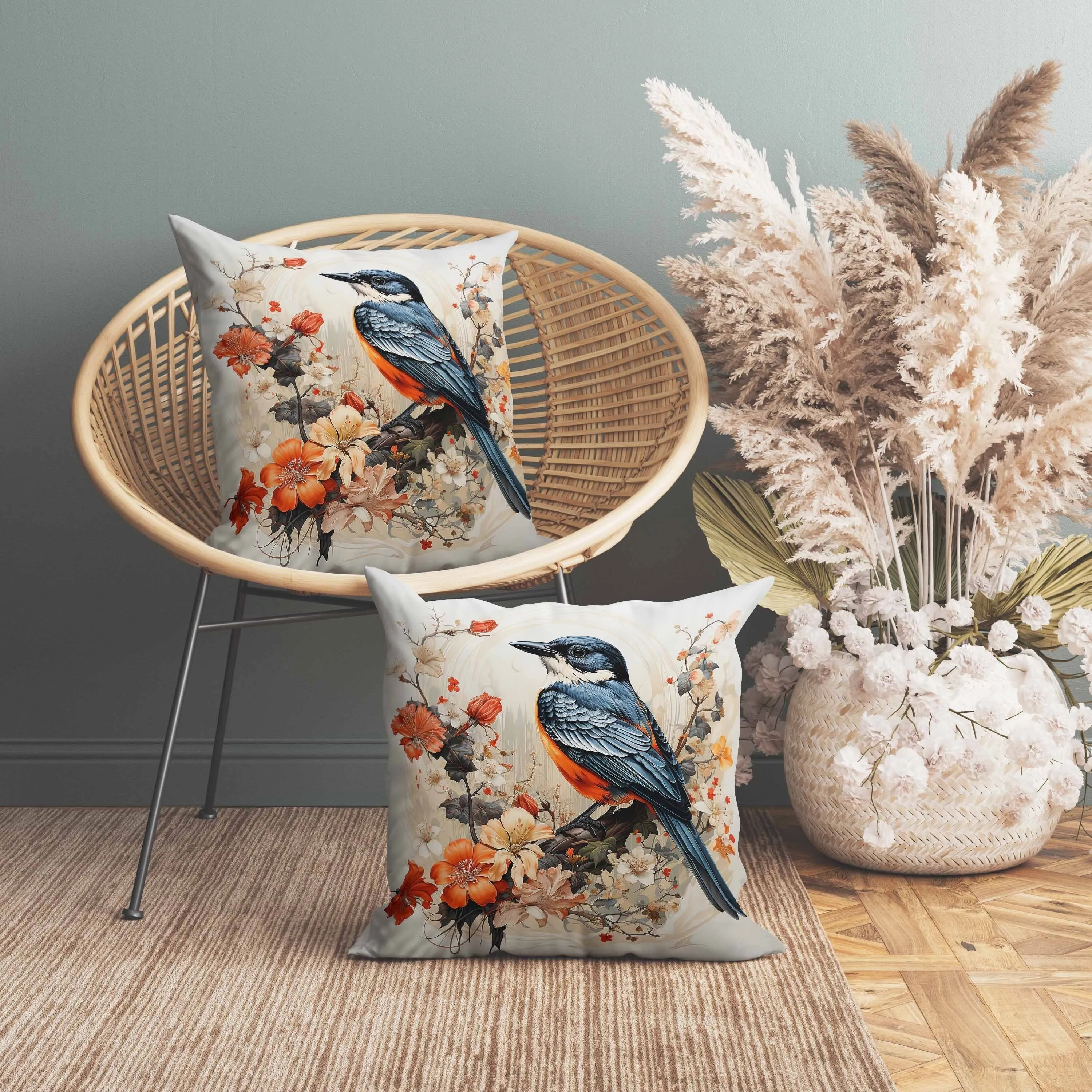Feathered Floralscapes Faux Suede Reversible Throw Pillow Orange and Blue