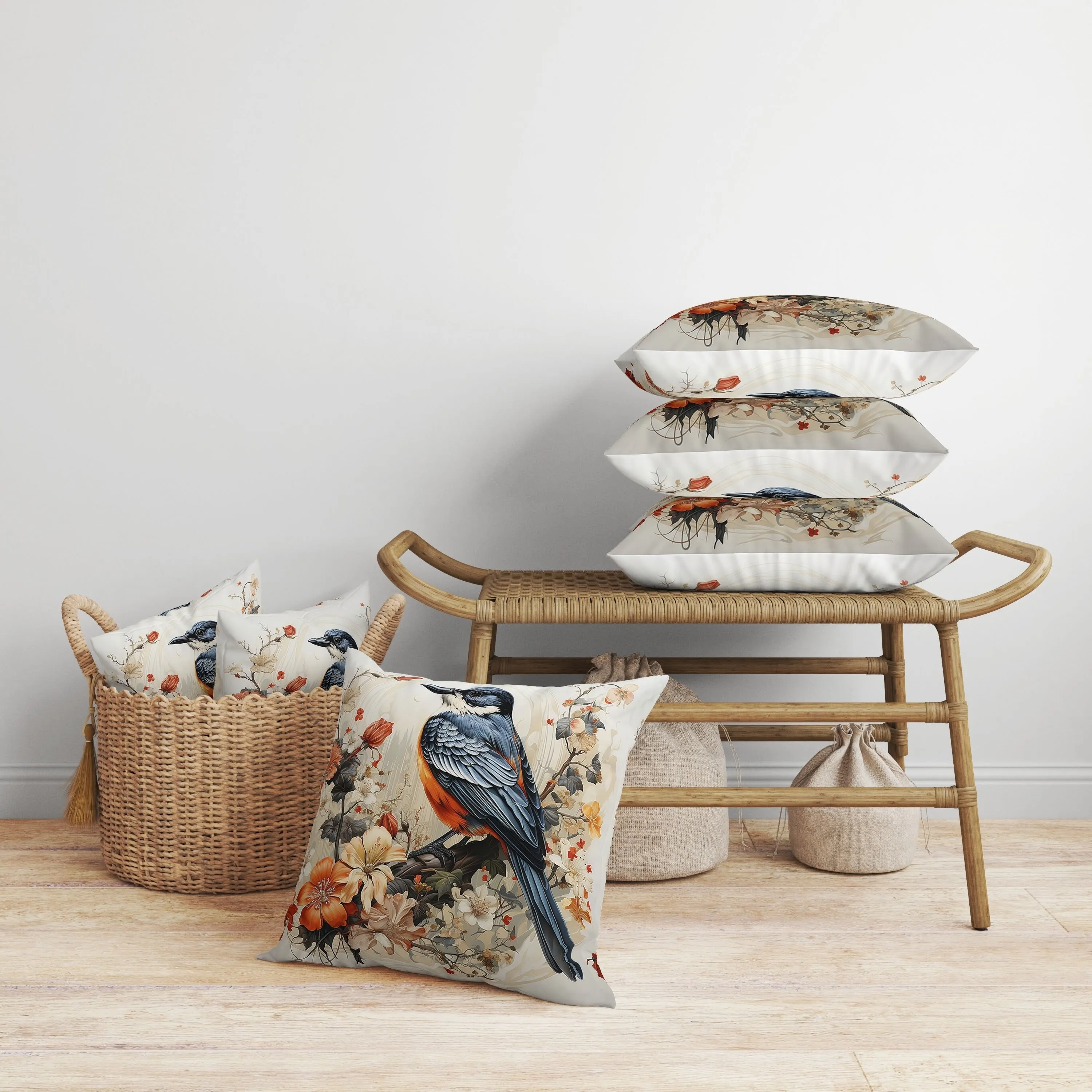 Feathered Floralscapes Faux Suede Reversible Throw Pillow Orange and Blue