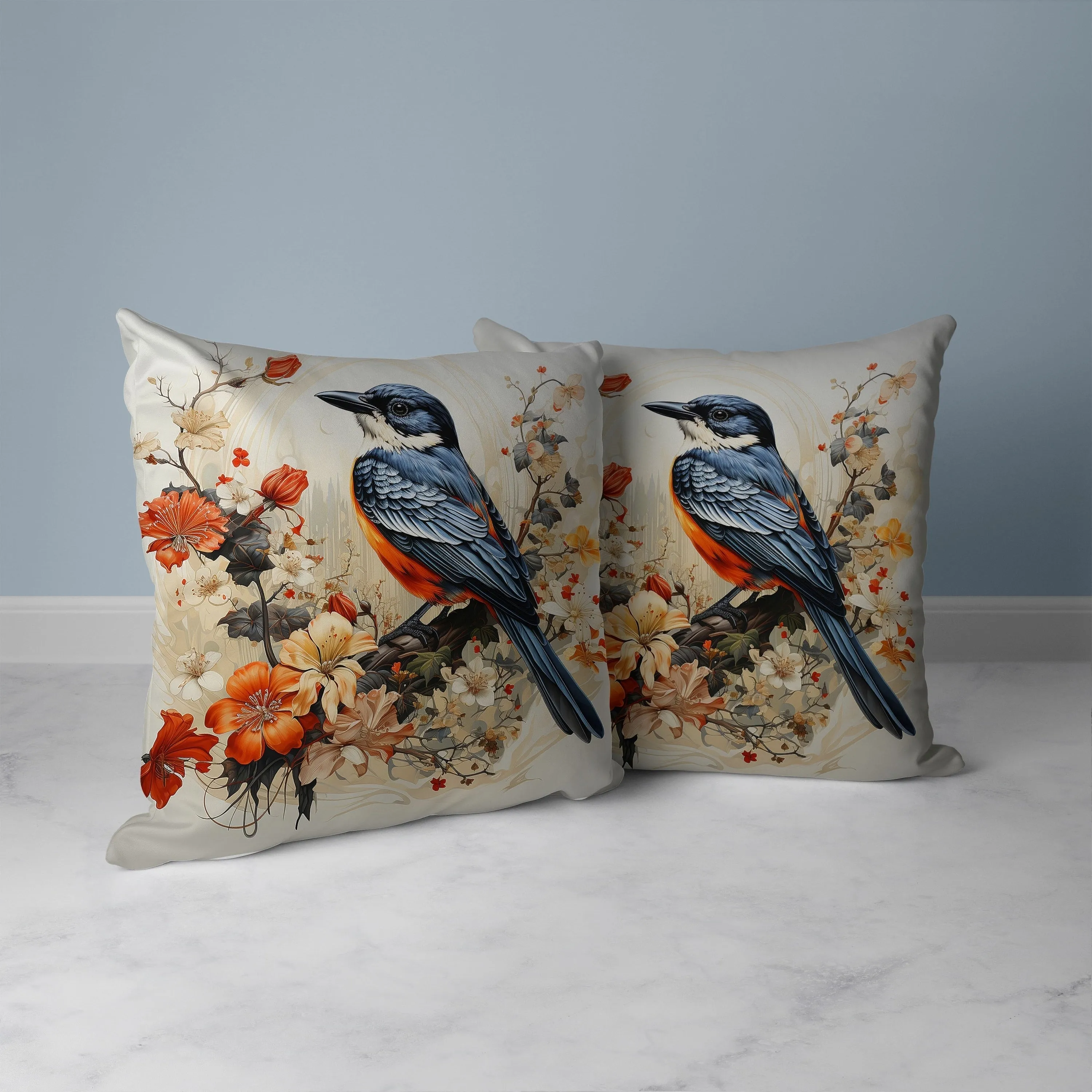 Feathered Floralscapes Faux Suede Reversible Throw Pillow Orange and Blue