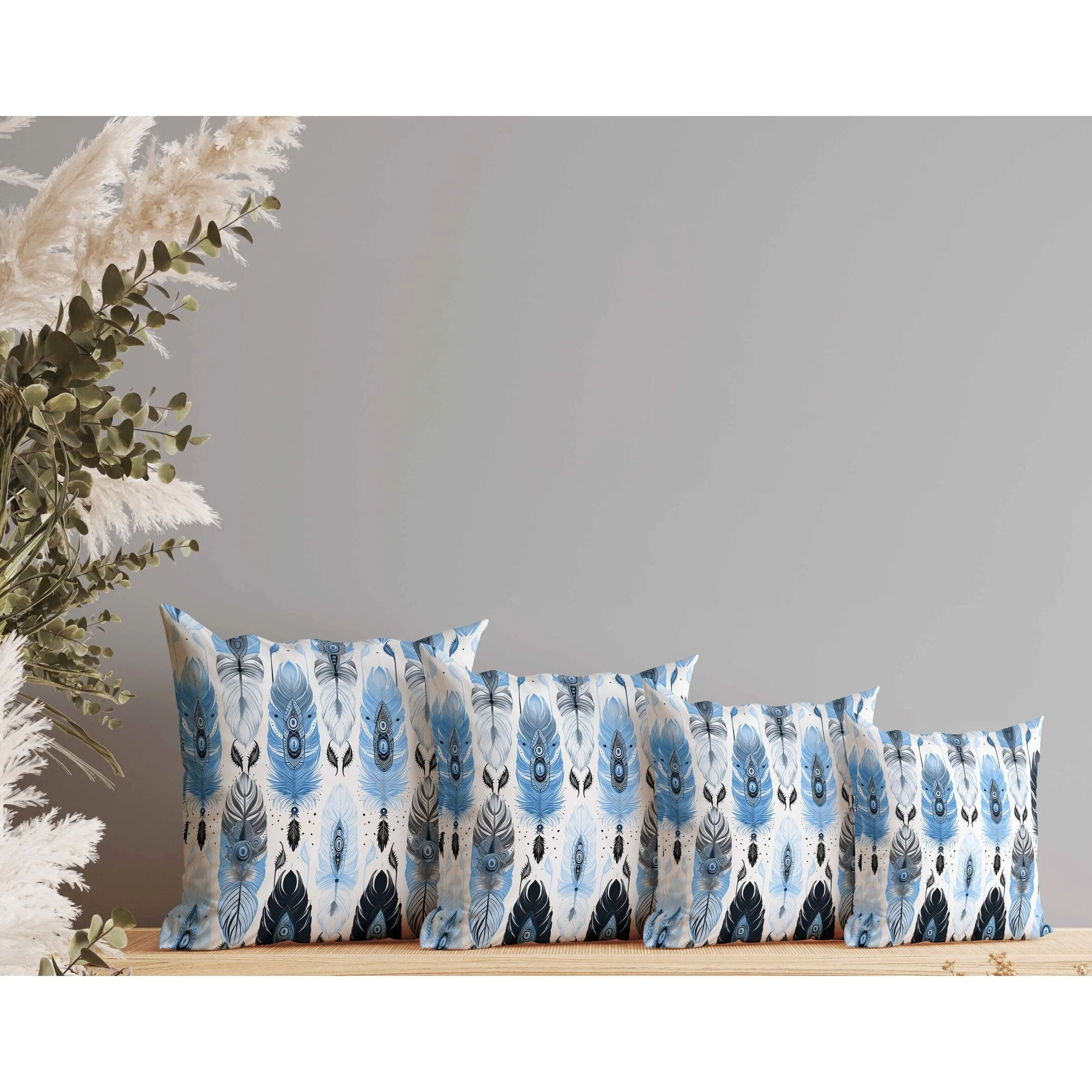 Feathered Treasure Faux Suede Reversible Throw Pillow Blue and White