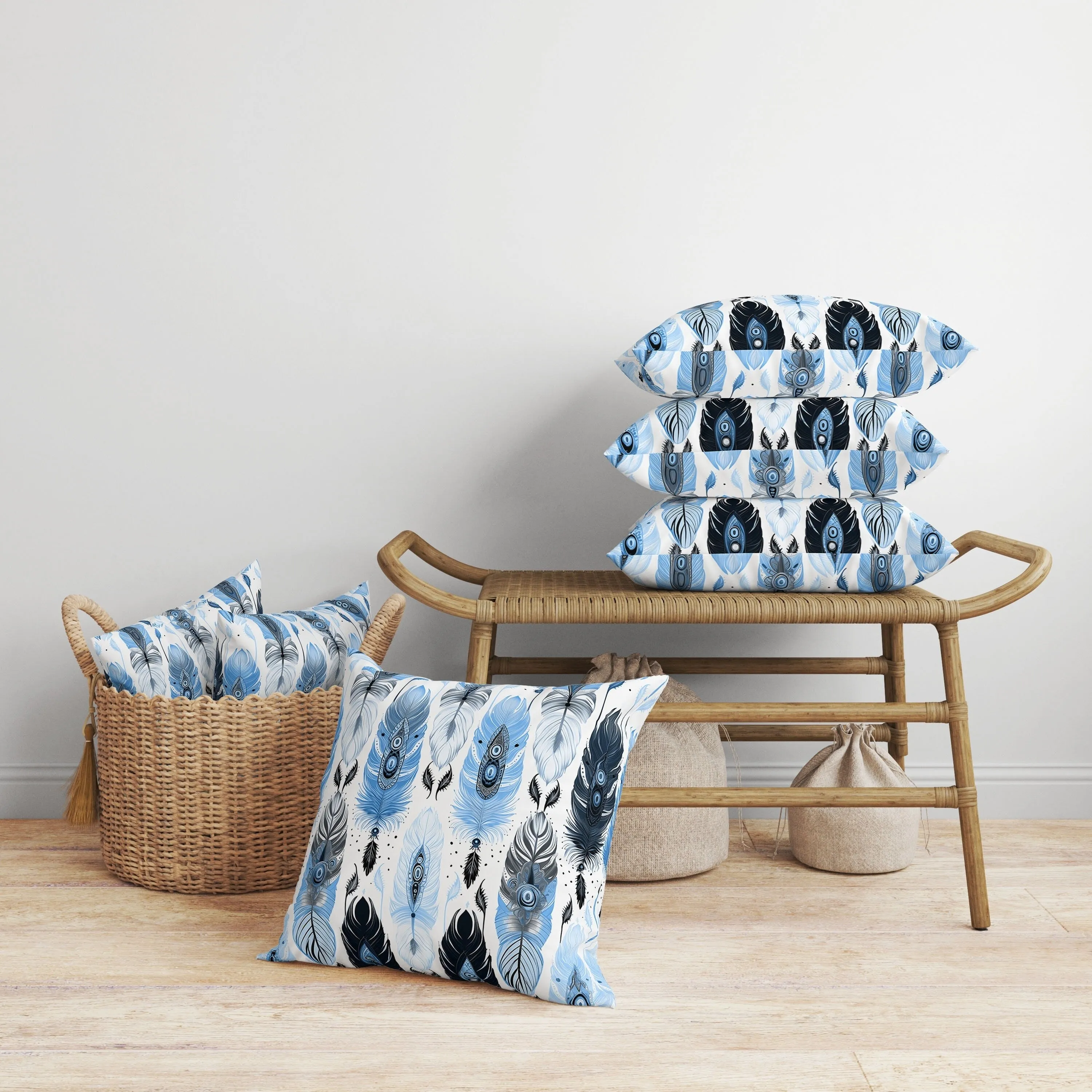 Feathered Treasure Faux Suede Reversible Throw Pillow Blue and White