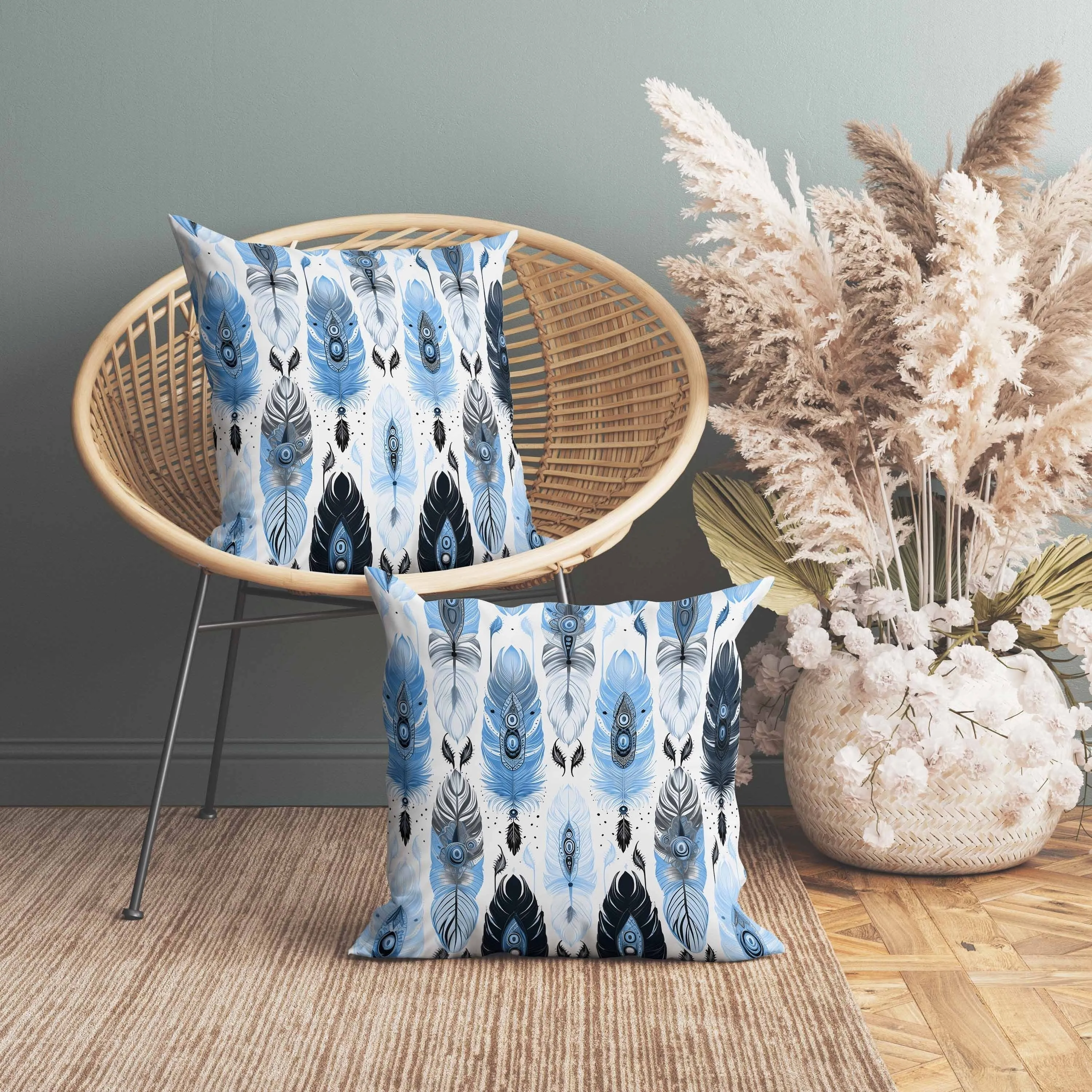 Feathered Treasure Faux Suede Reversible Throw Pillow Blue and White