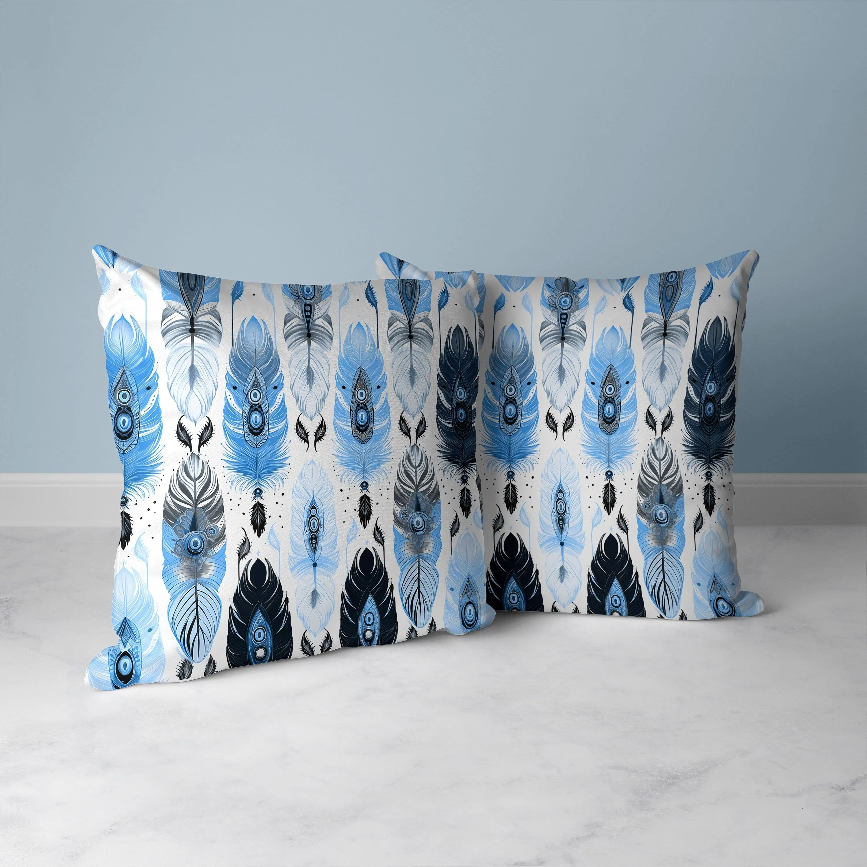 Feathered Treasure Faux Suede Reversible Throw Pillow Blue and White