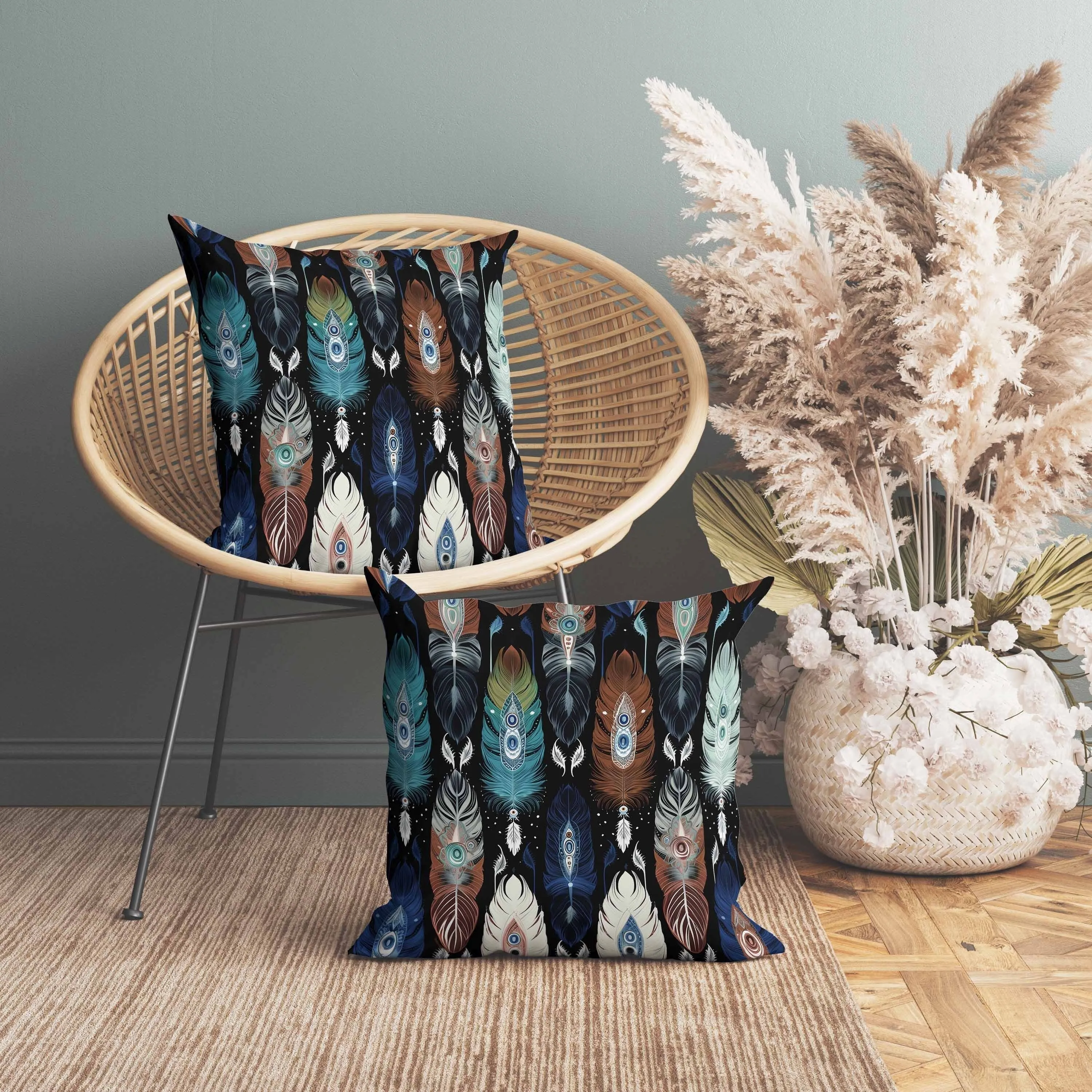 Feathered Treasure Indoor/Outdoor Reversible Throw Pillow Blue and Brown