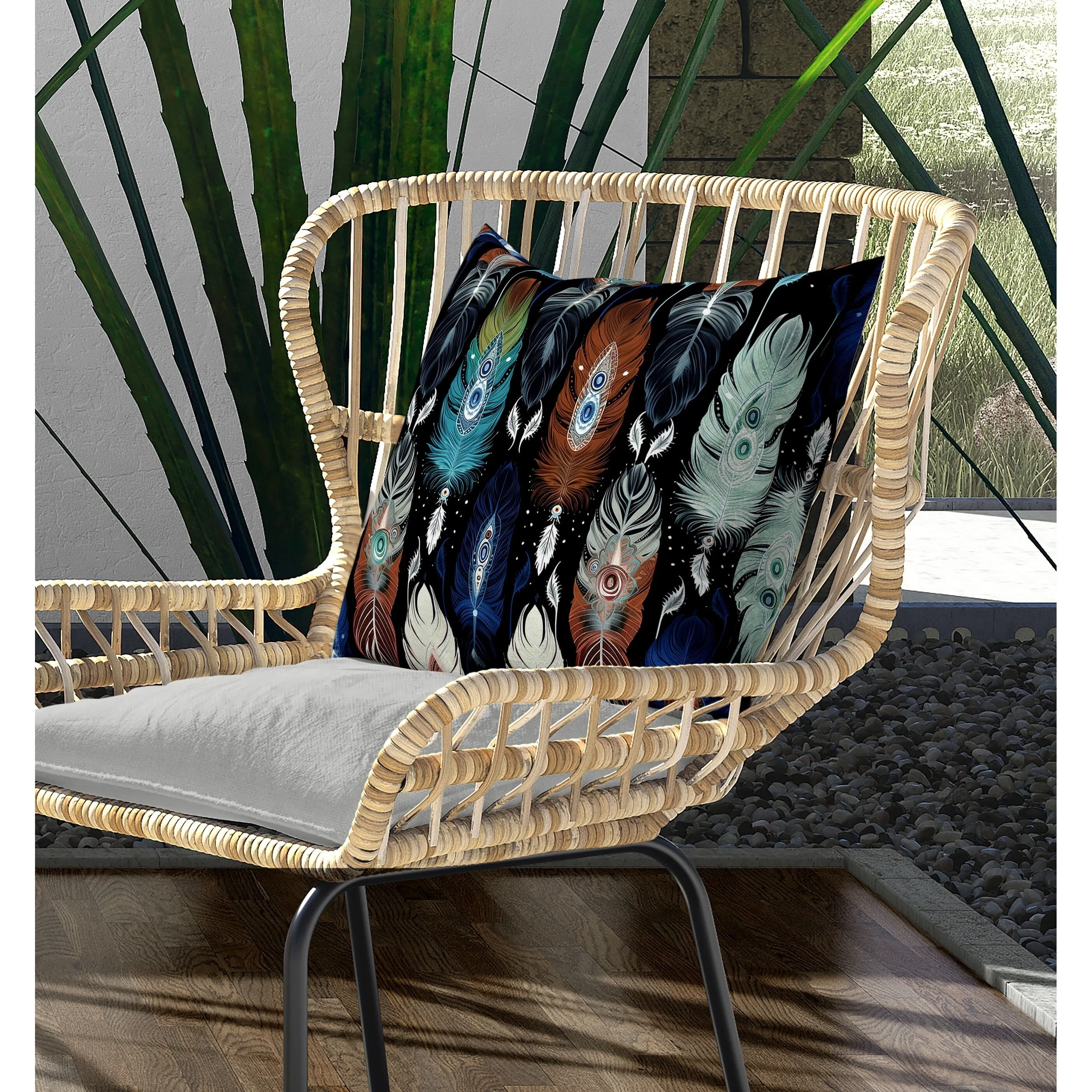 Feathered Treasure Indoor/Outdoor Reversible Throw Pillow Blue and Brown