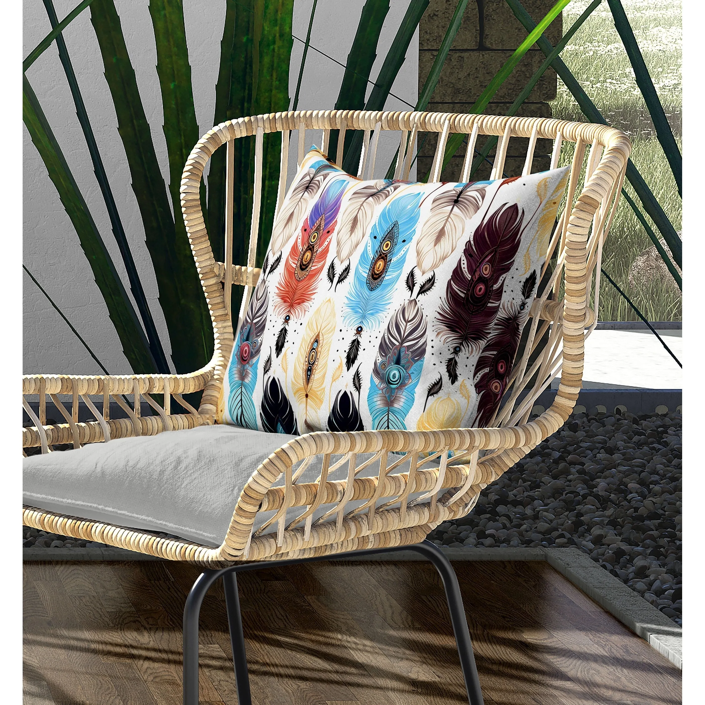 Feathered Treasure Indoor/Outdoor Reversible Throw Pillow Blue and Yellow