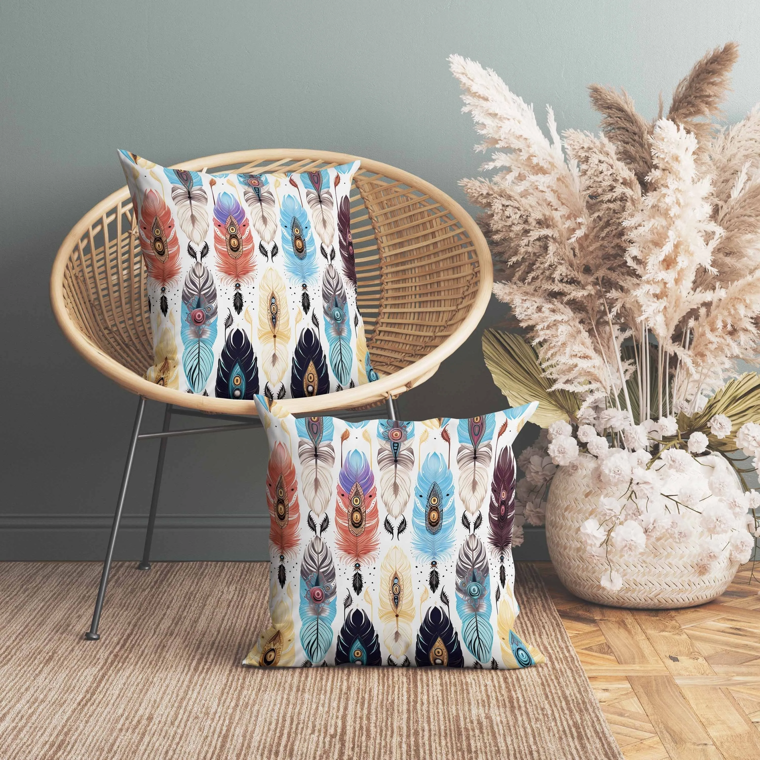 Feathered Treasure Indoor/Outdoor Reversible Throw Pillow Blue and Yellow