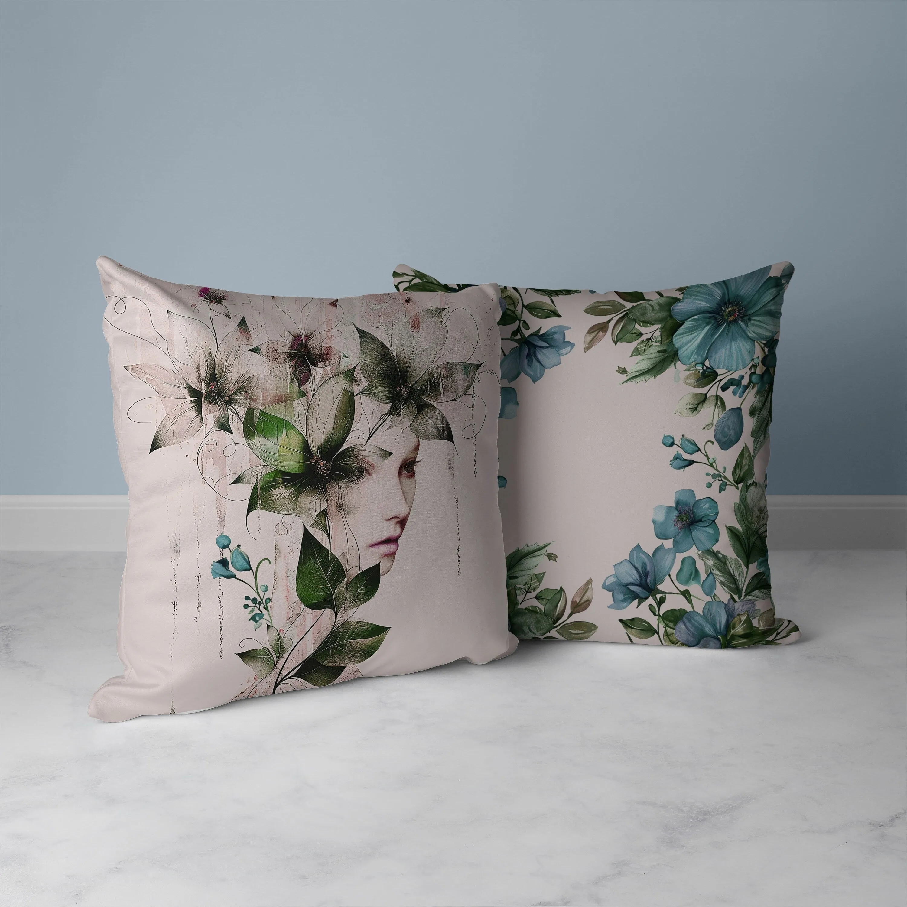 Flora Face Faux Suede Reversible Throw Pillow Green and Cyan