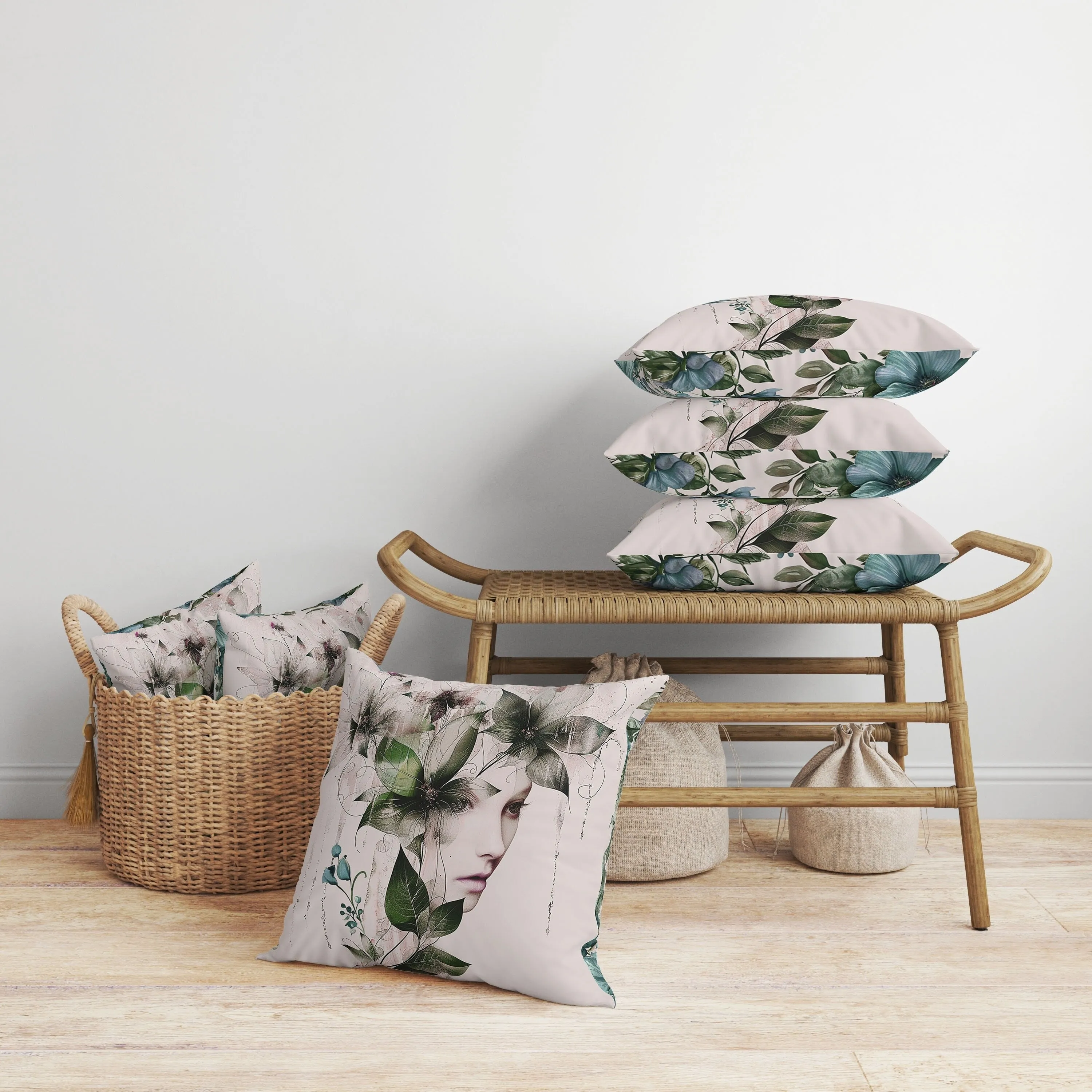 Flora Face Faux Suede Reversible Throw Pillow Green and Cyan