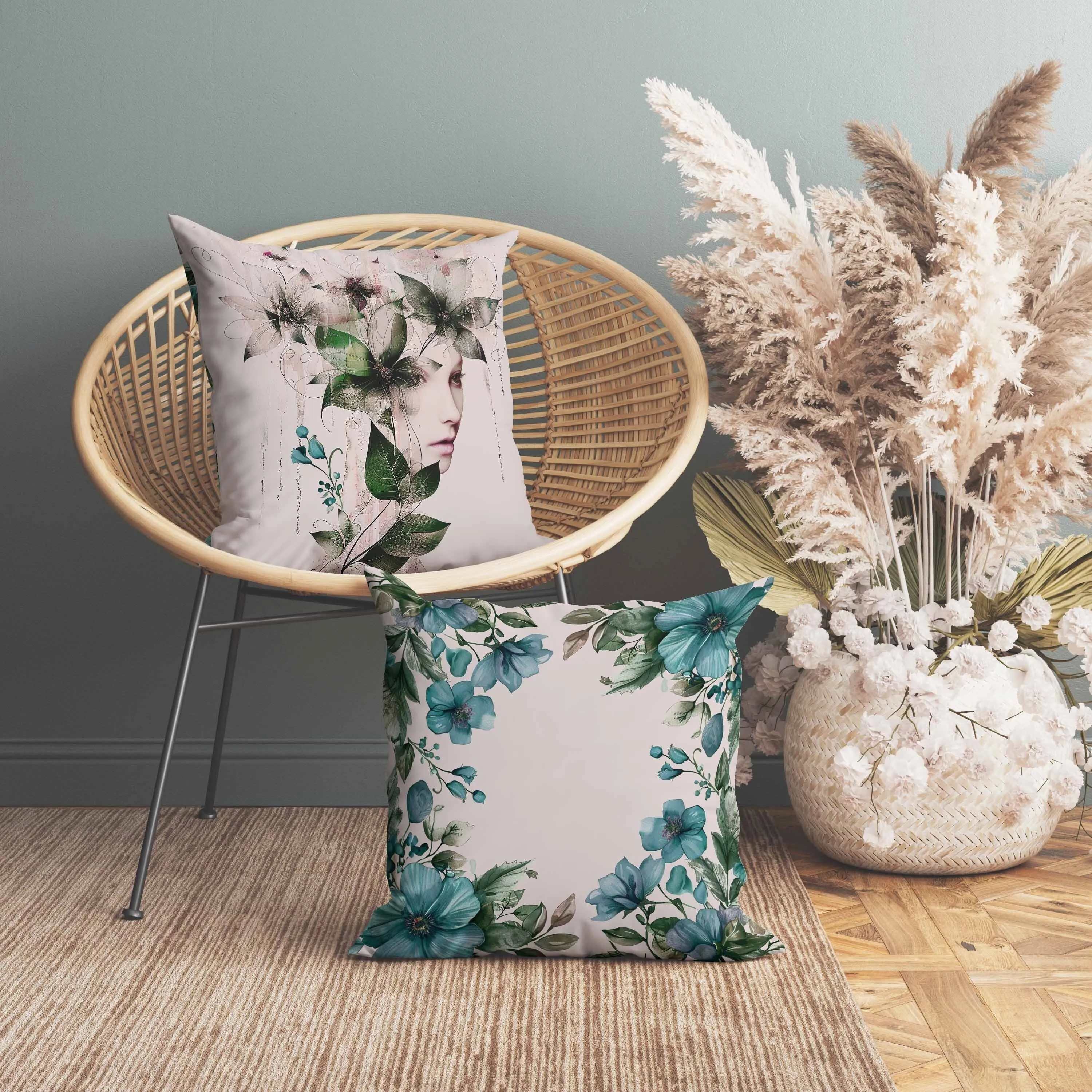 Flora Face Faux Suede Reversible Throw Pillow Green and Cyan