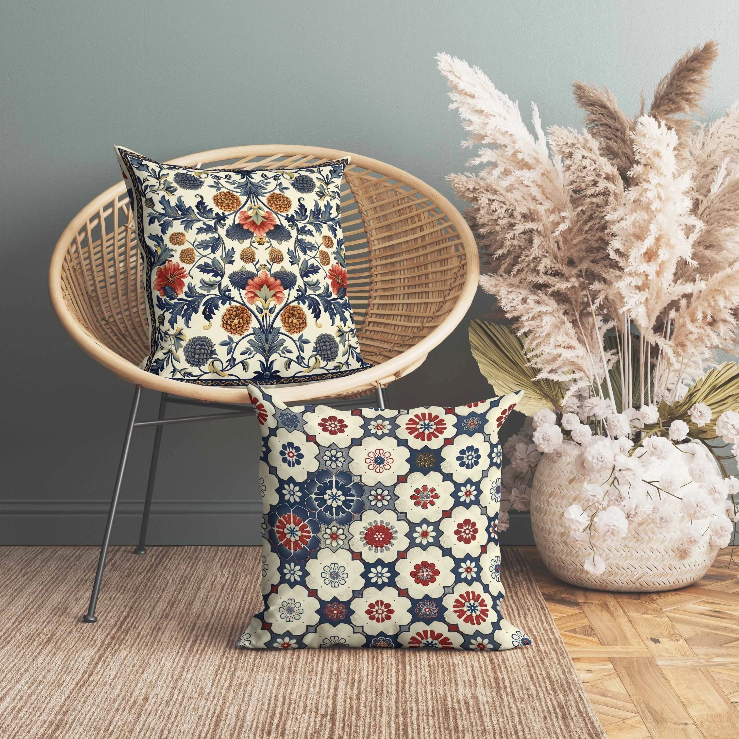 Flora Medley Faux Suede Reversible Throw Pillow Beige and Blue
