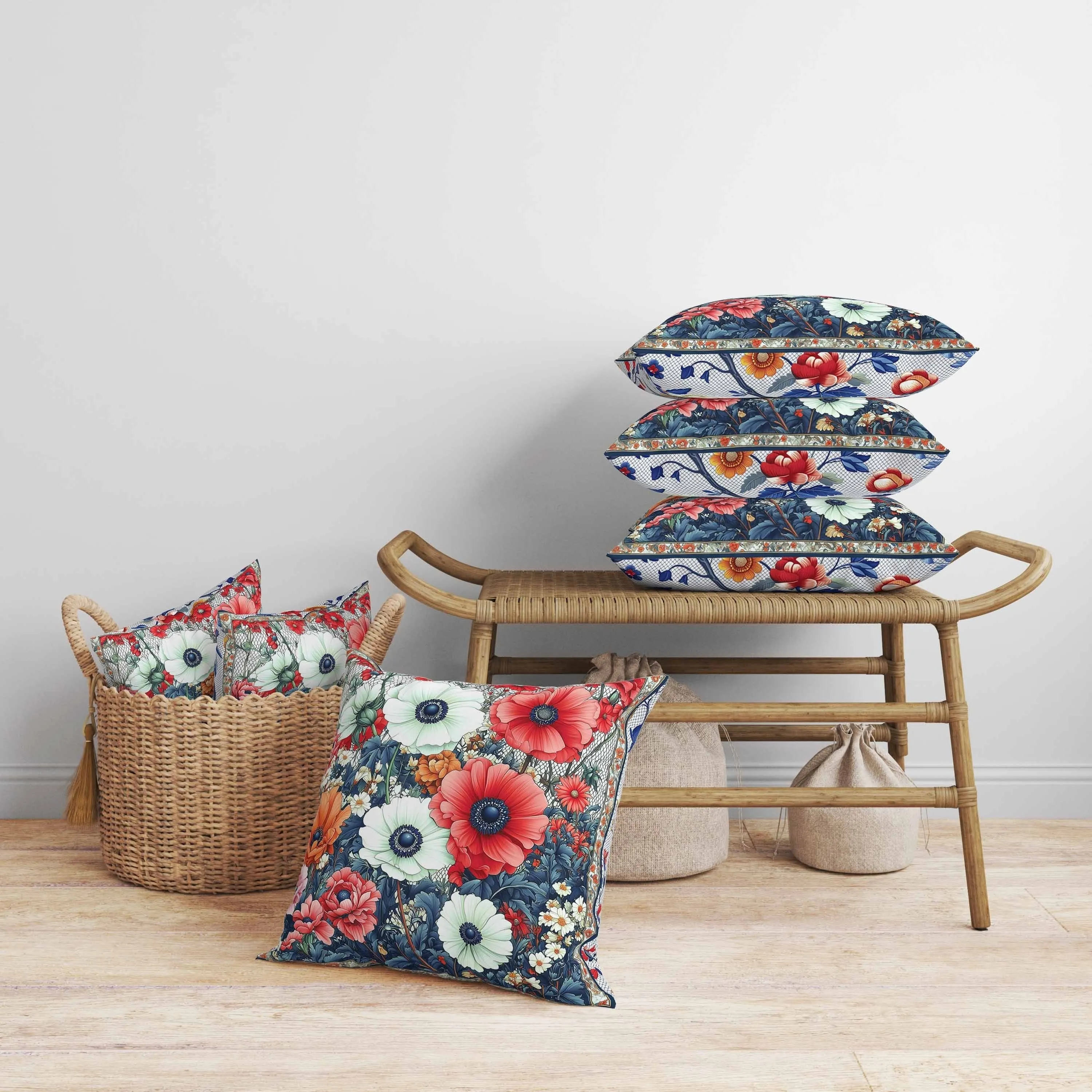 Floral Array Faux Suede Reversible Throw Pillow Blue and Red