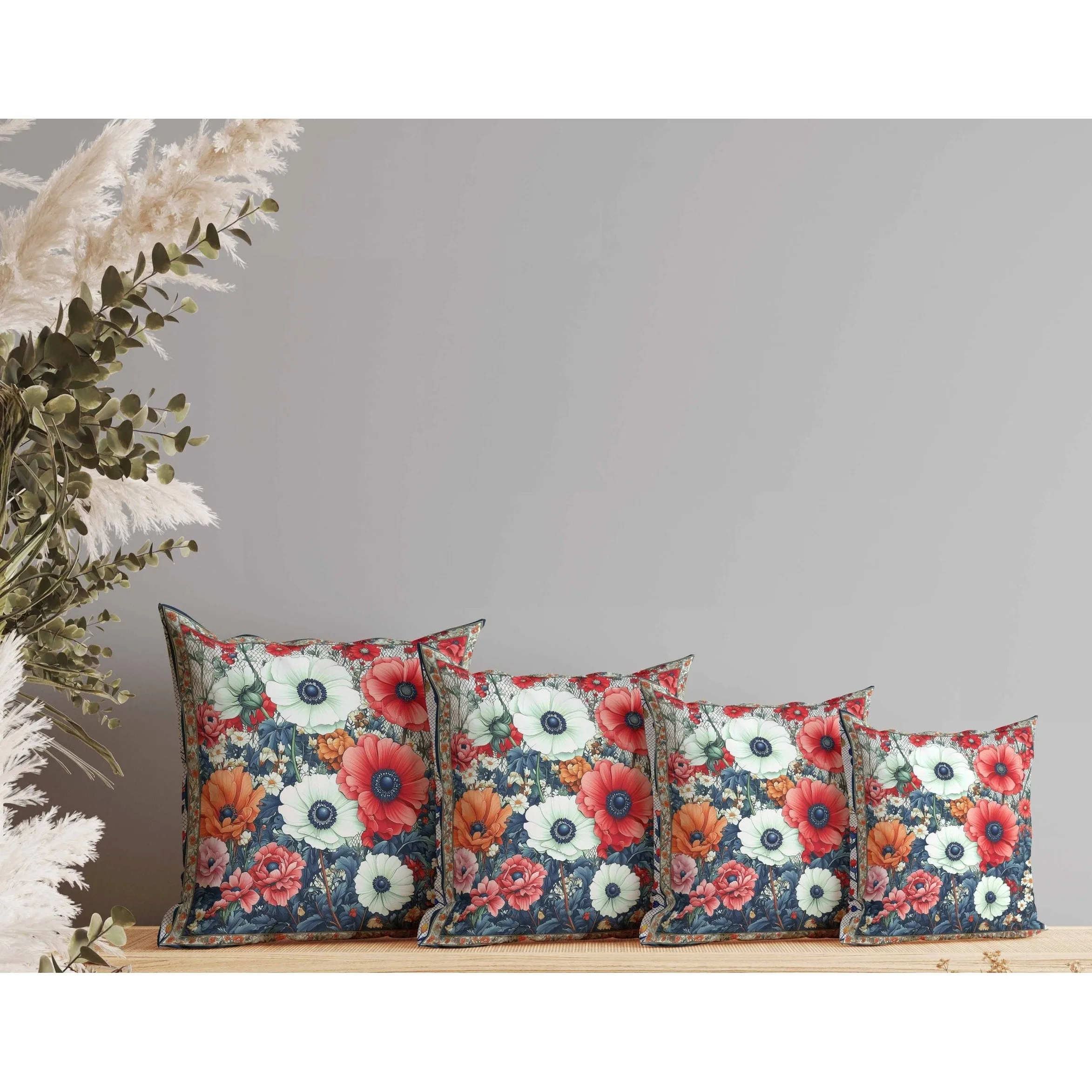 Floral Array Faux Suede Reversible Throw Pillow Blue and Red