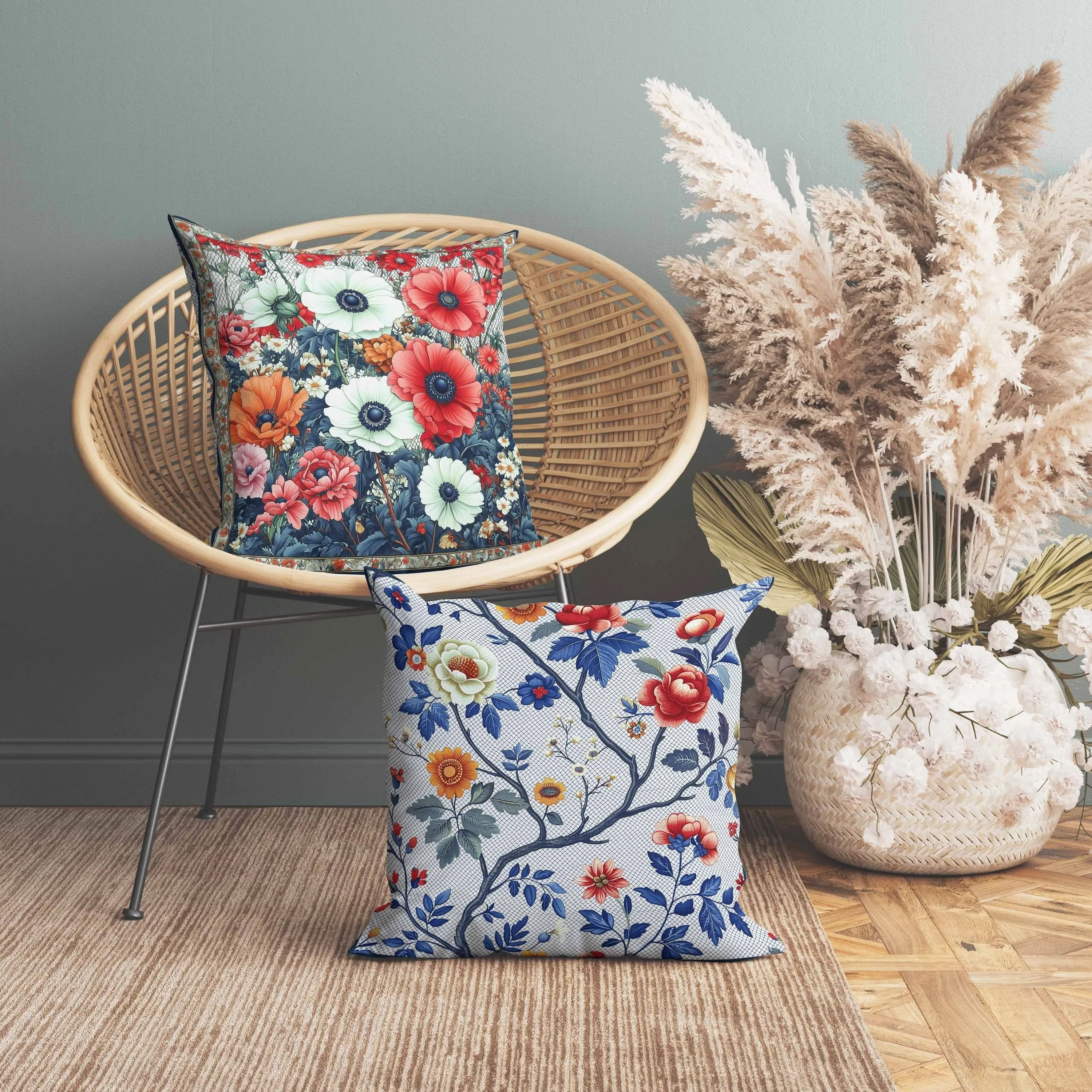 Floral Array Faux Suede Reversible Throw Pillow Blue and Red
