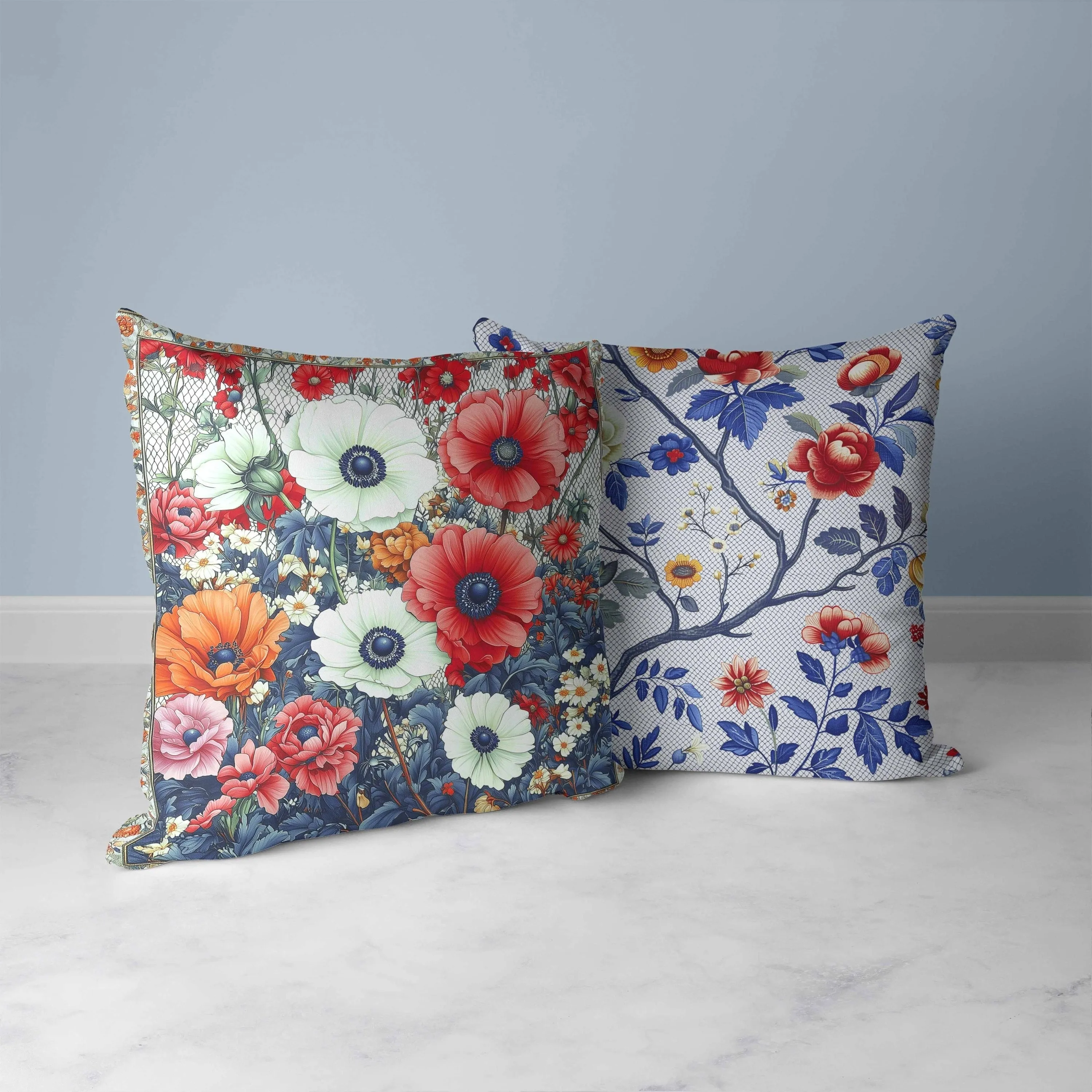 Floral Array Faux Suede Reversible Throw Pillow Blue and Red