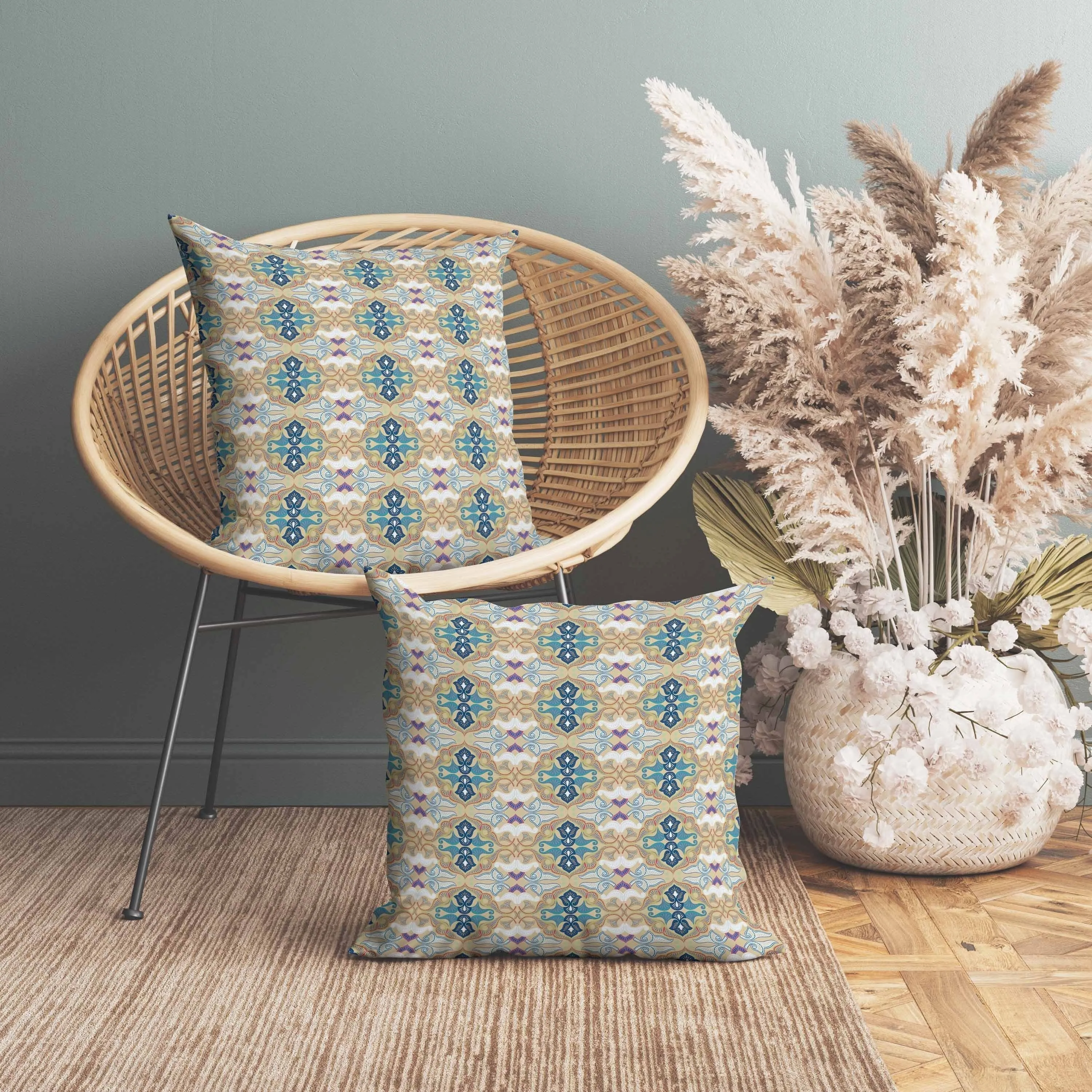 Floral Elegance Faux Suede Reversible Throw Pillow Beige and Blue