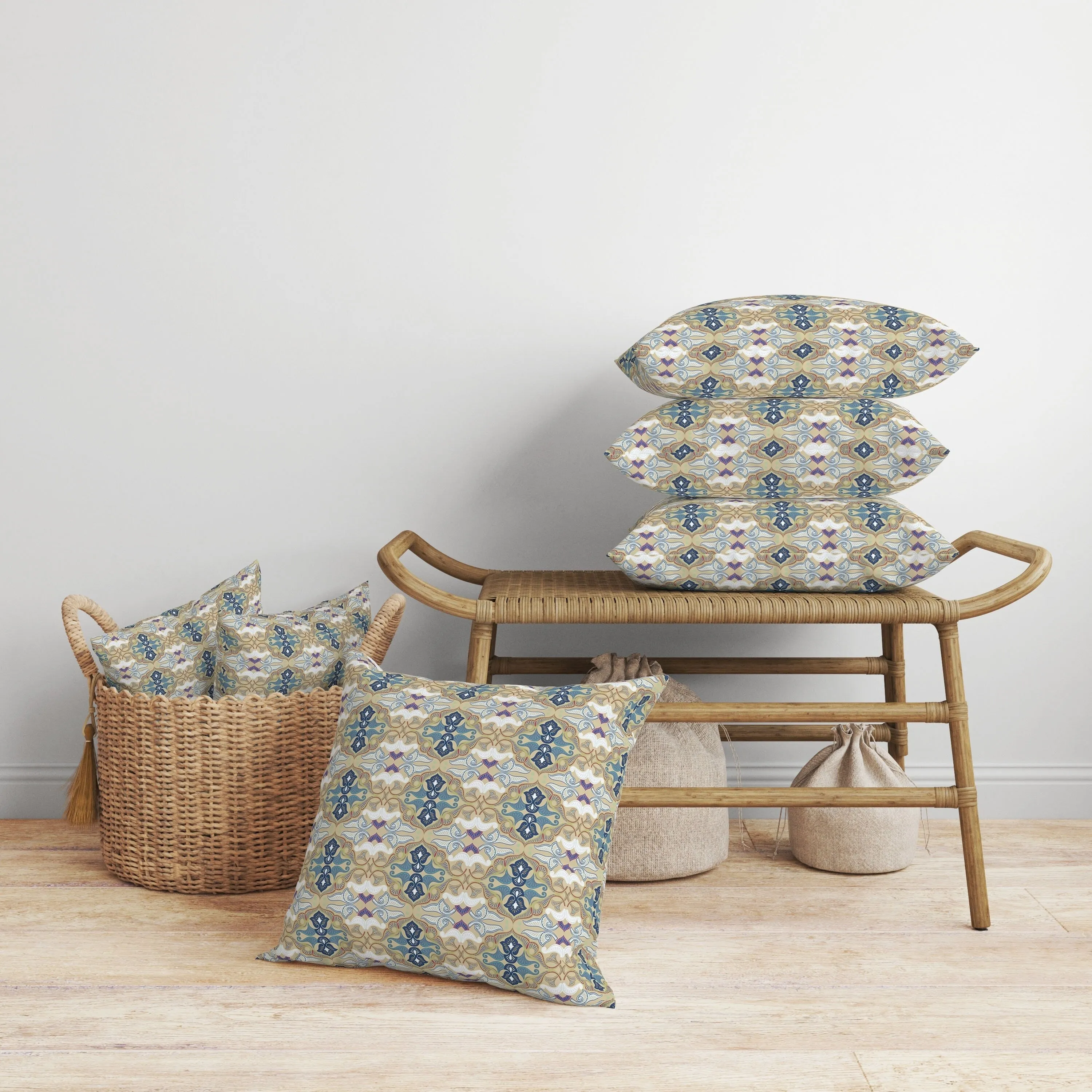 Floral Elegance Faux Suede Reversible Throw Pillow Beige and Blue