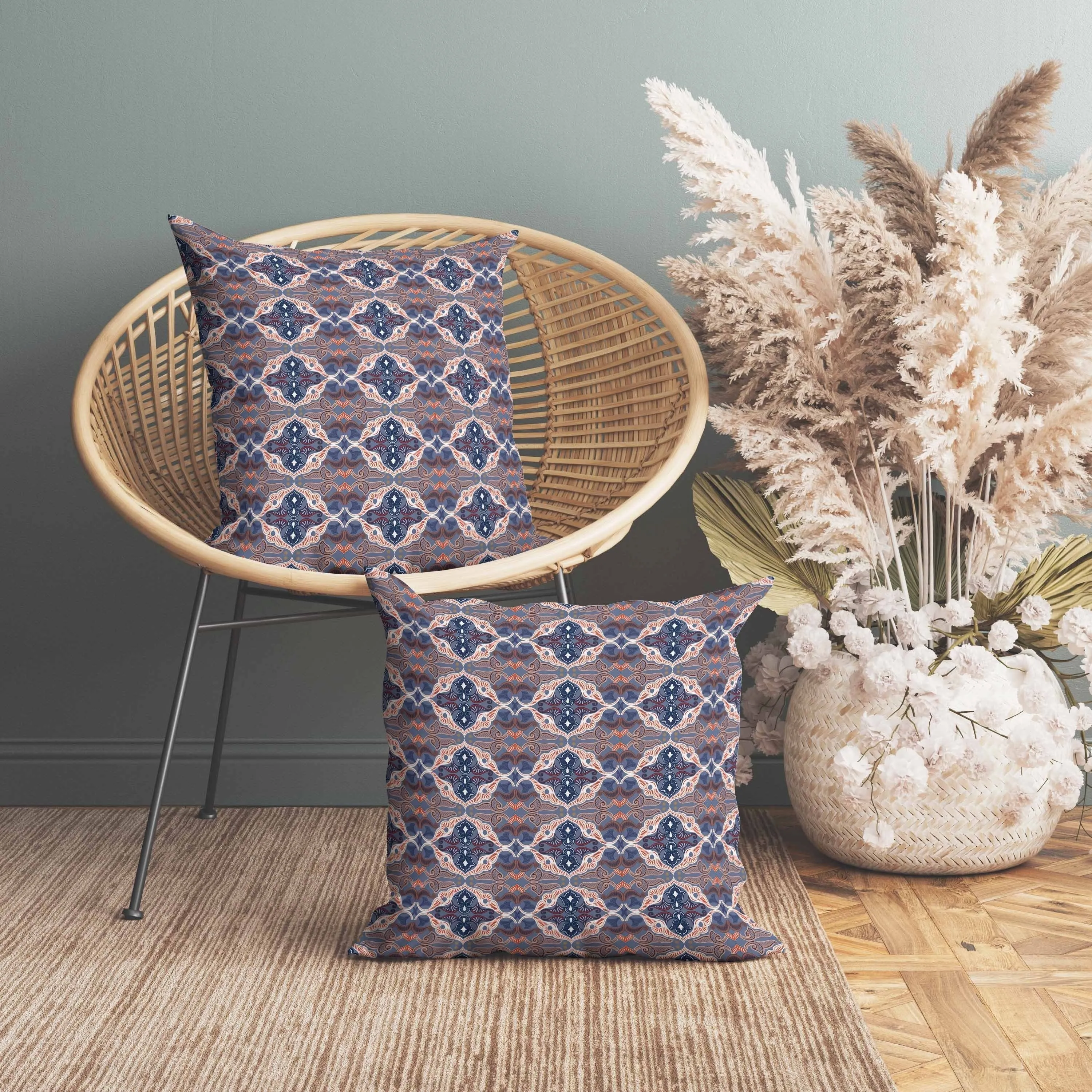 Floral Elegance Faux Suede Reversible Throw Pillow Blue and Red
