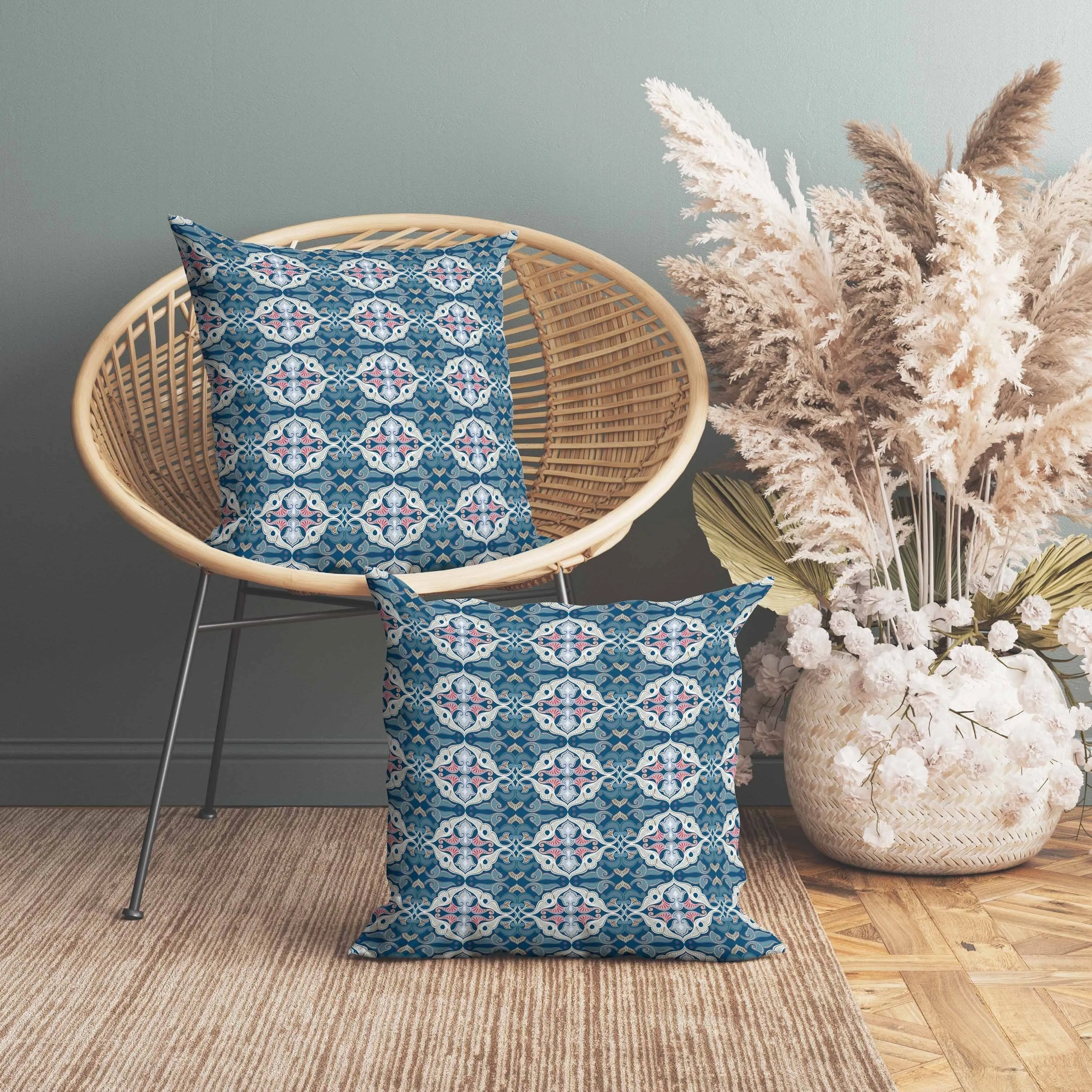 Floral Elegance Faux Suede Reversible Throw Pillow Blue and White