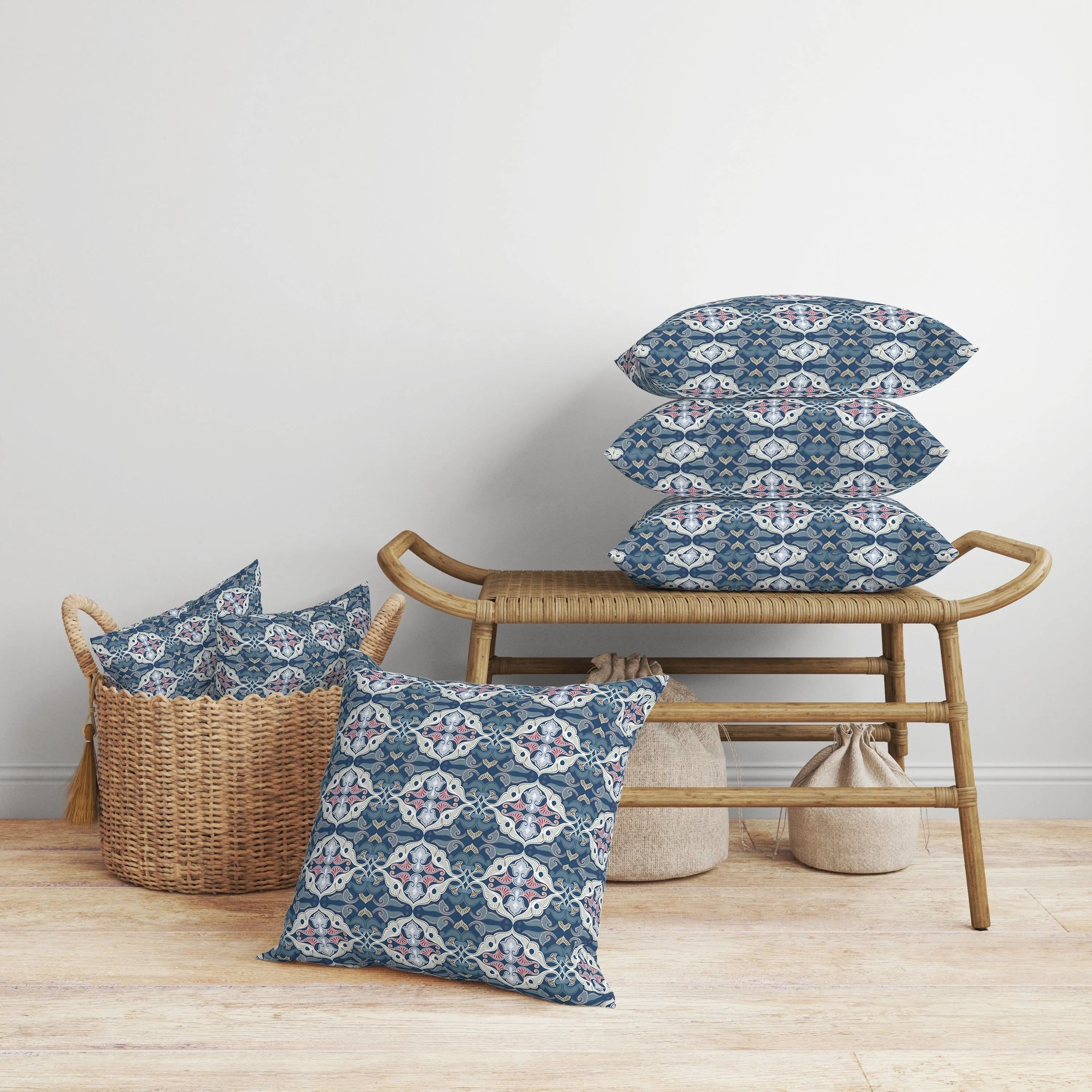 Floral Elegance Faux Suede Reversible Throw Pillow Blue and White