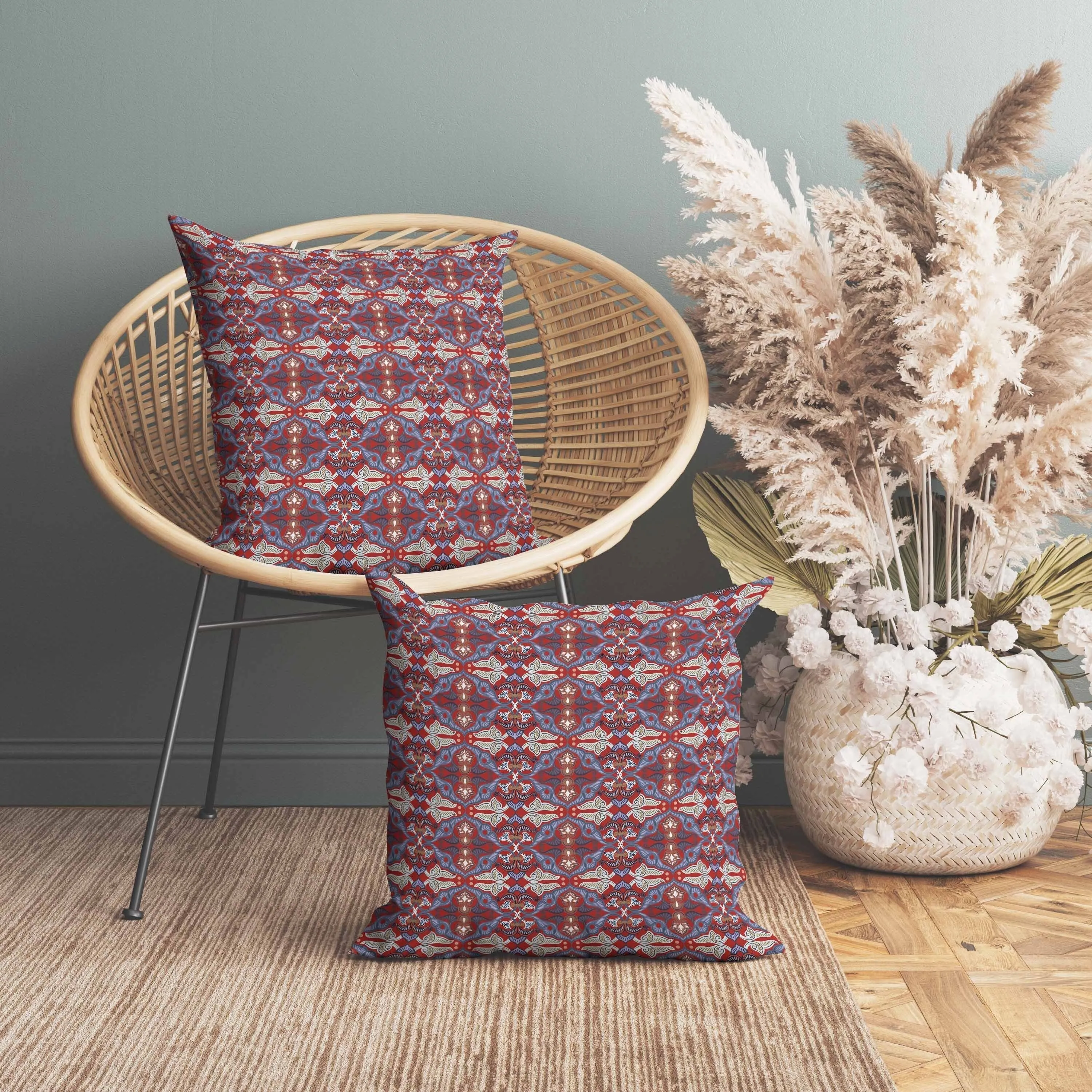 Floral Elegance Faux Suede Reversible Throw Pillow Red and Blue