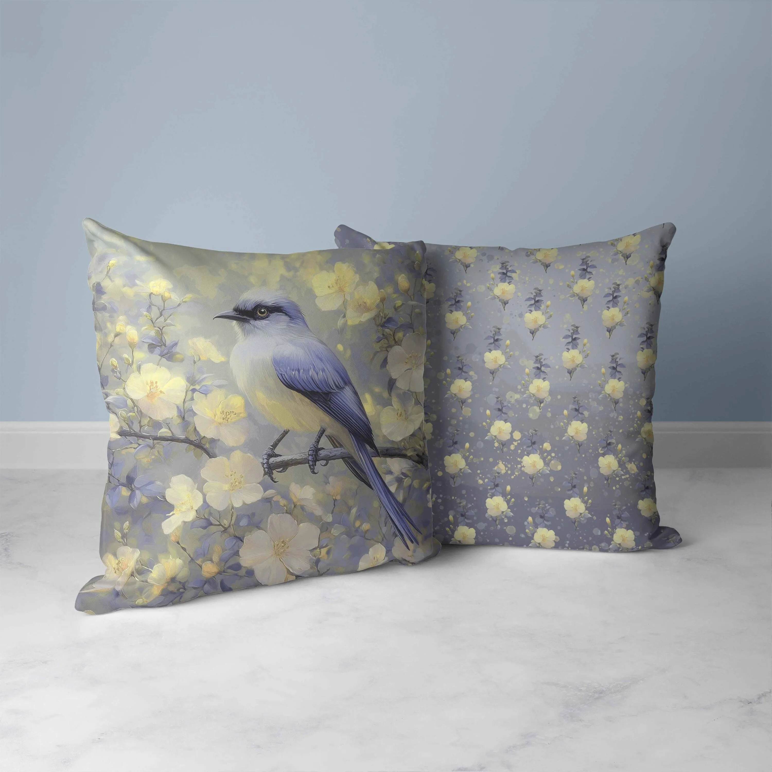 Floral Guest Faux Suede Reversible Throw Pillow Blue and Yellow