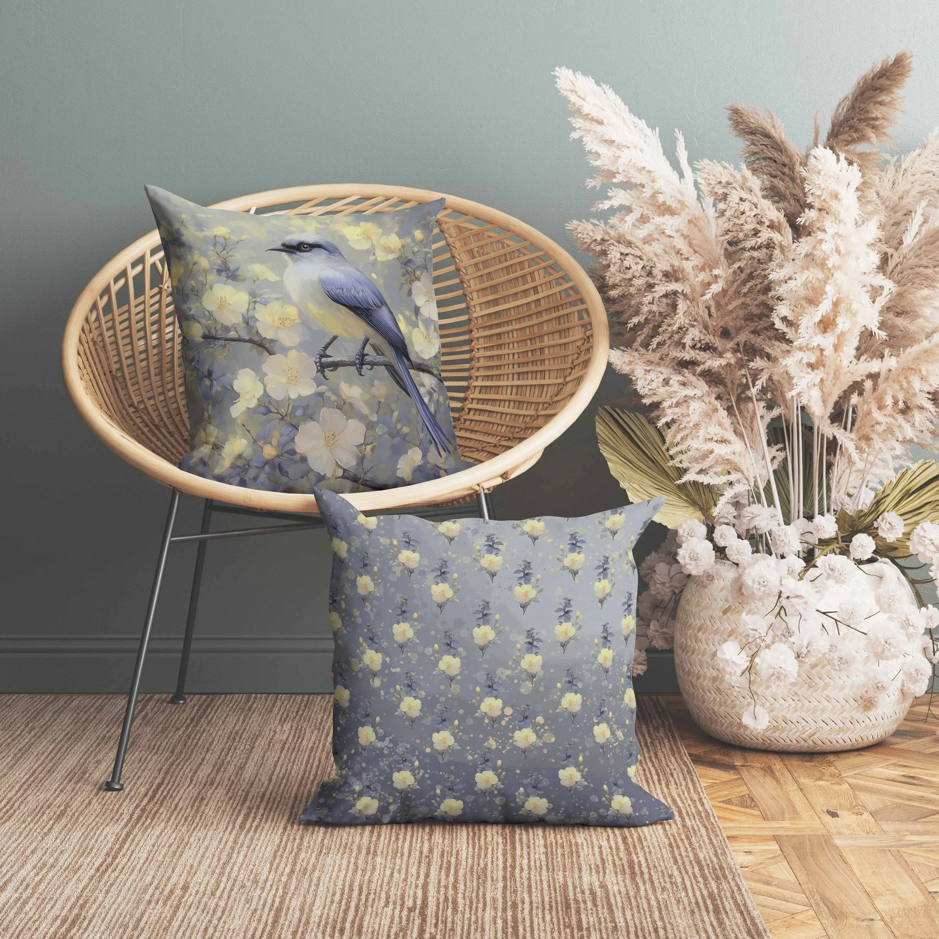 Floral Guest Faux Suede Reversible Throw Pillow Blue and Yellow