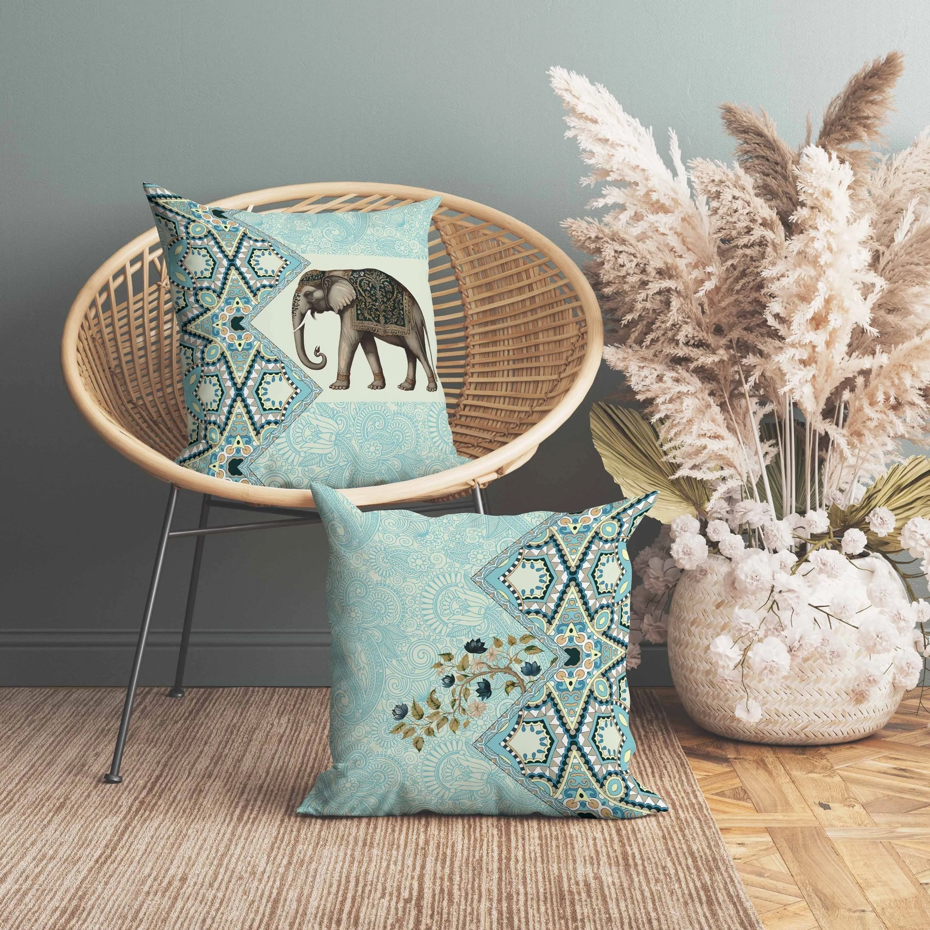 Floraphant Faux Suede Reversible Throw Pillow Cyan and Yellow
