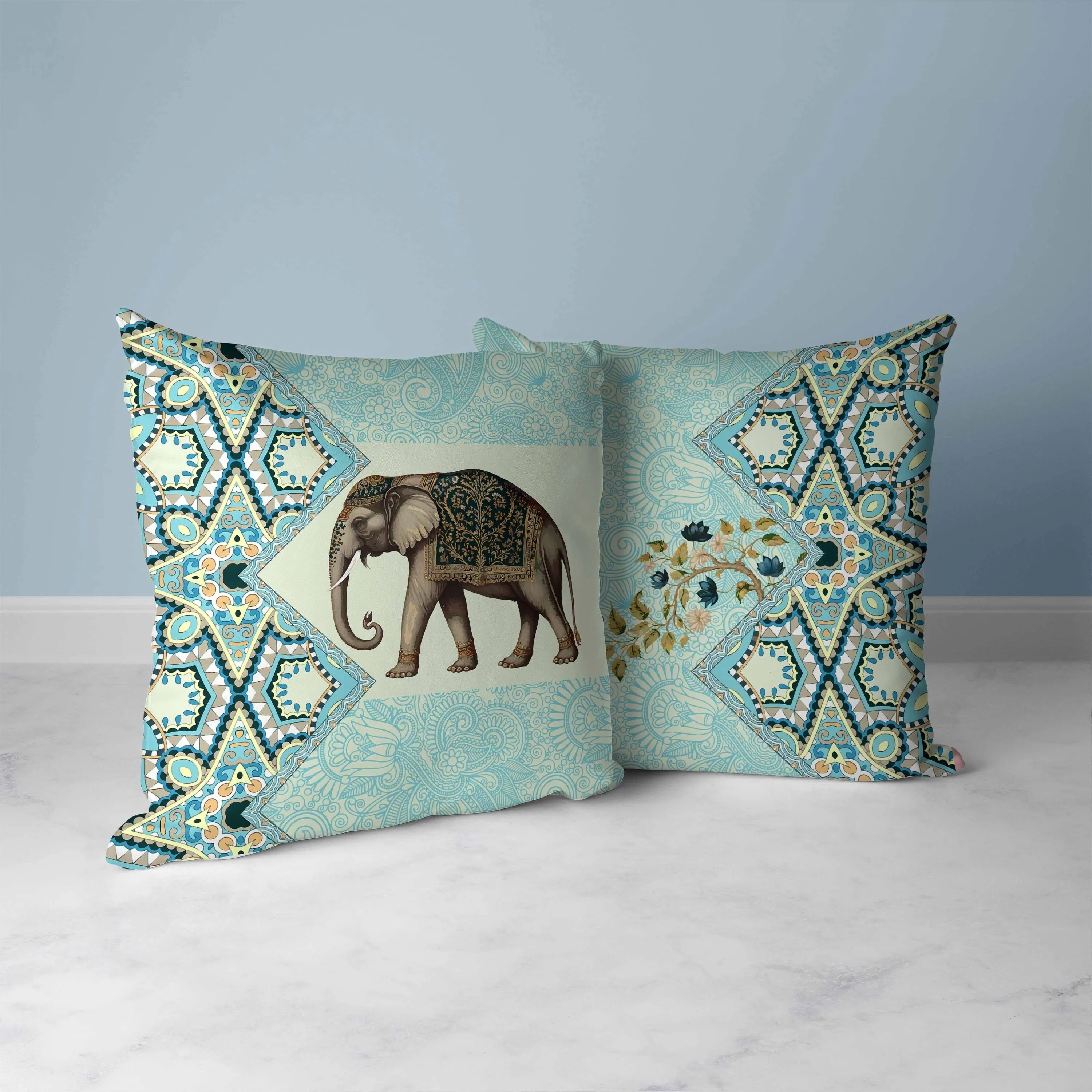 Floraphant Faux Suede Reversible Throw Pillow Cyan and Yellow