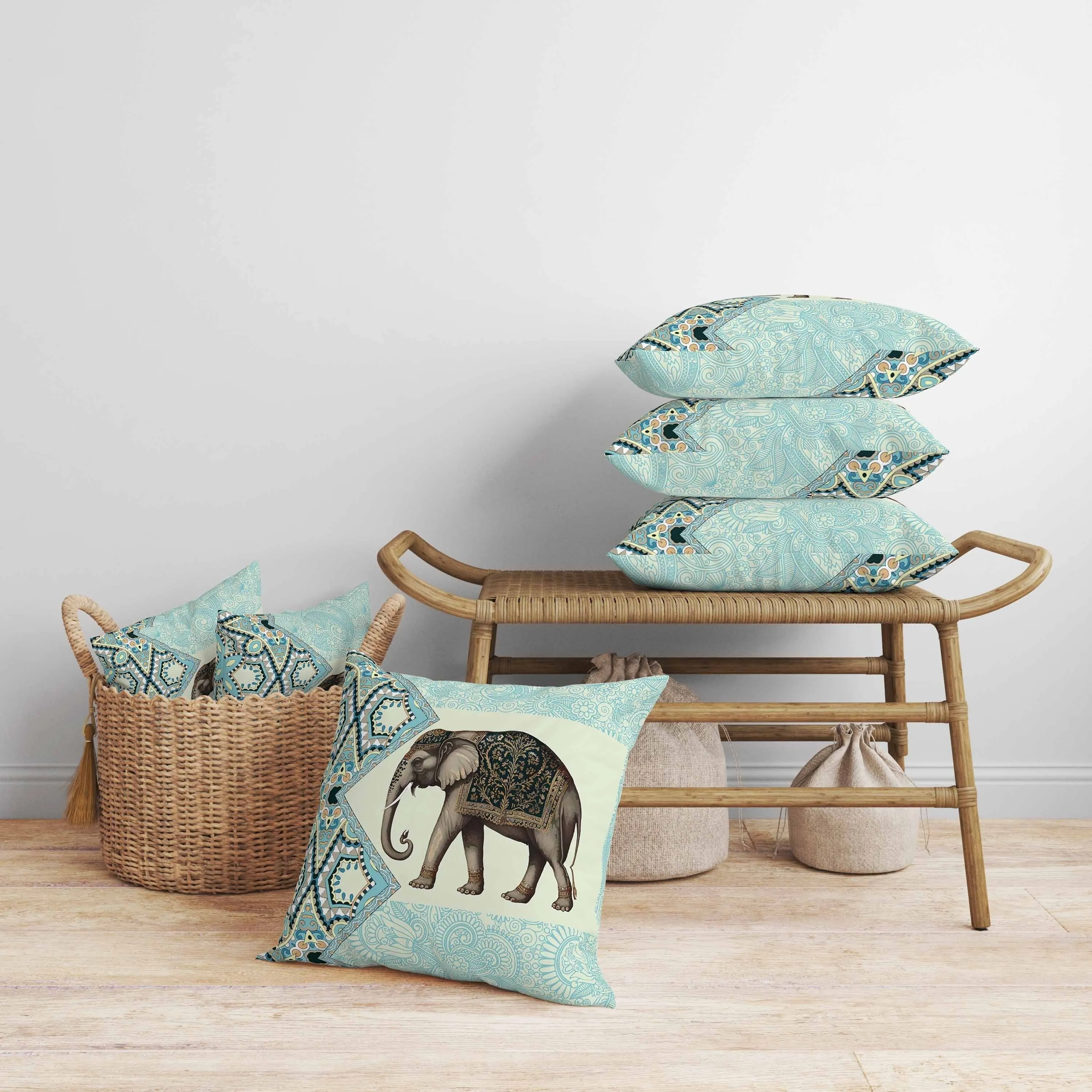 Floraphant Faux Suede Reversible Throw Pillow Cyan and Yellow