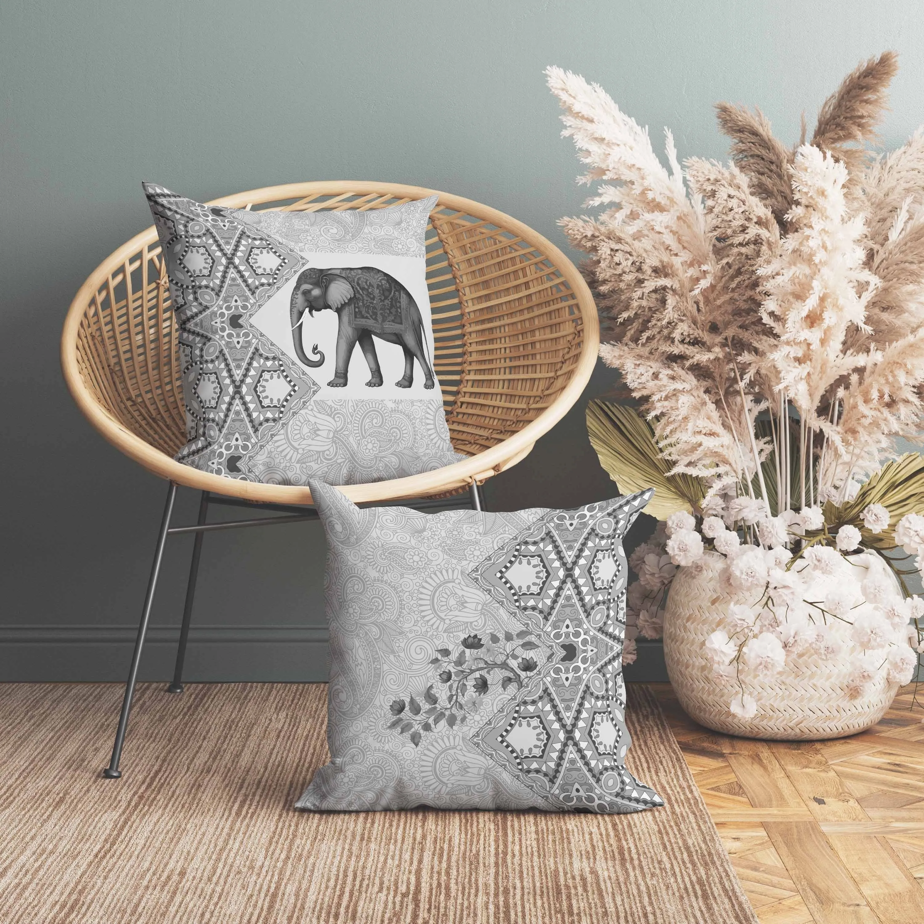 Floraphant Faux Suede Reversible Throw Pillow Grey and Black